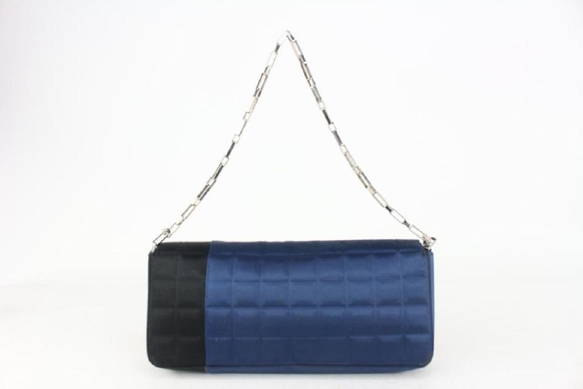 Chanel Blue x Black Satin Chocolate Bar East West Flap Bag 35cas722 For Sale 1