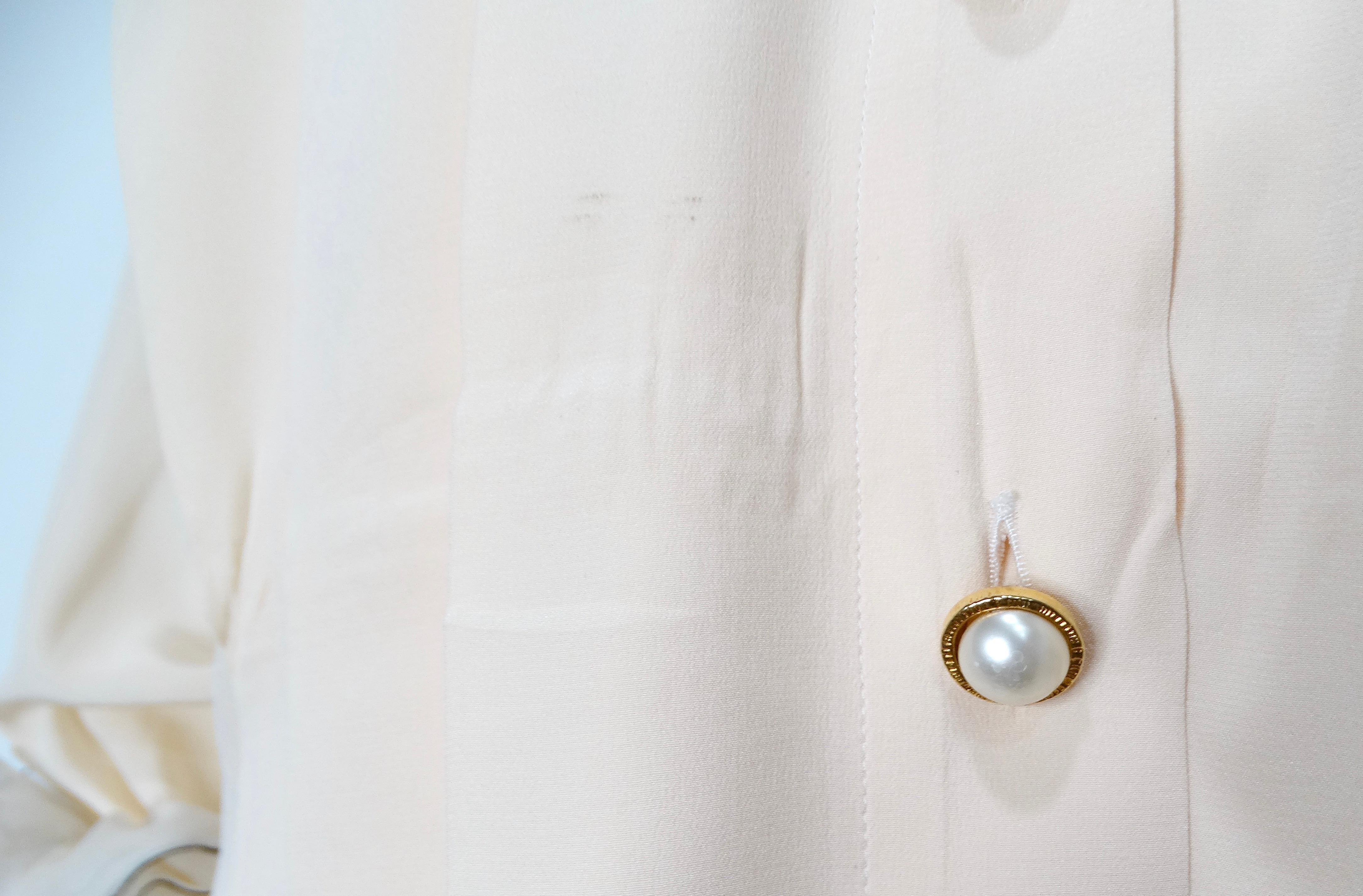Beige Chanel Blush Ruffled Silk Button-Up Blouse circa 1980s For Sale