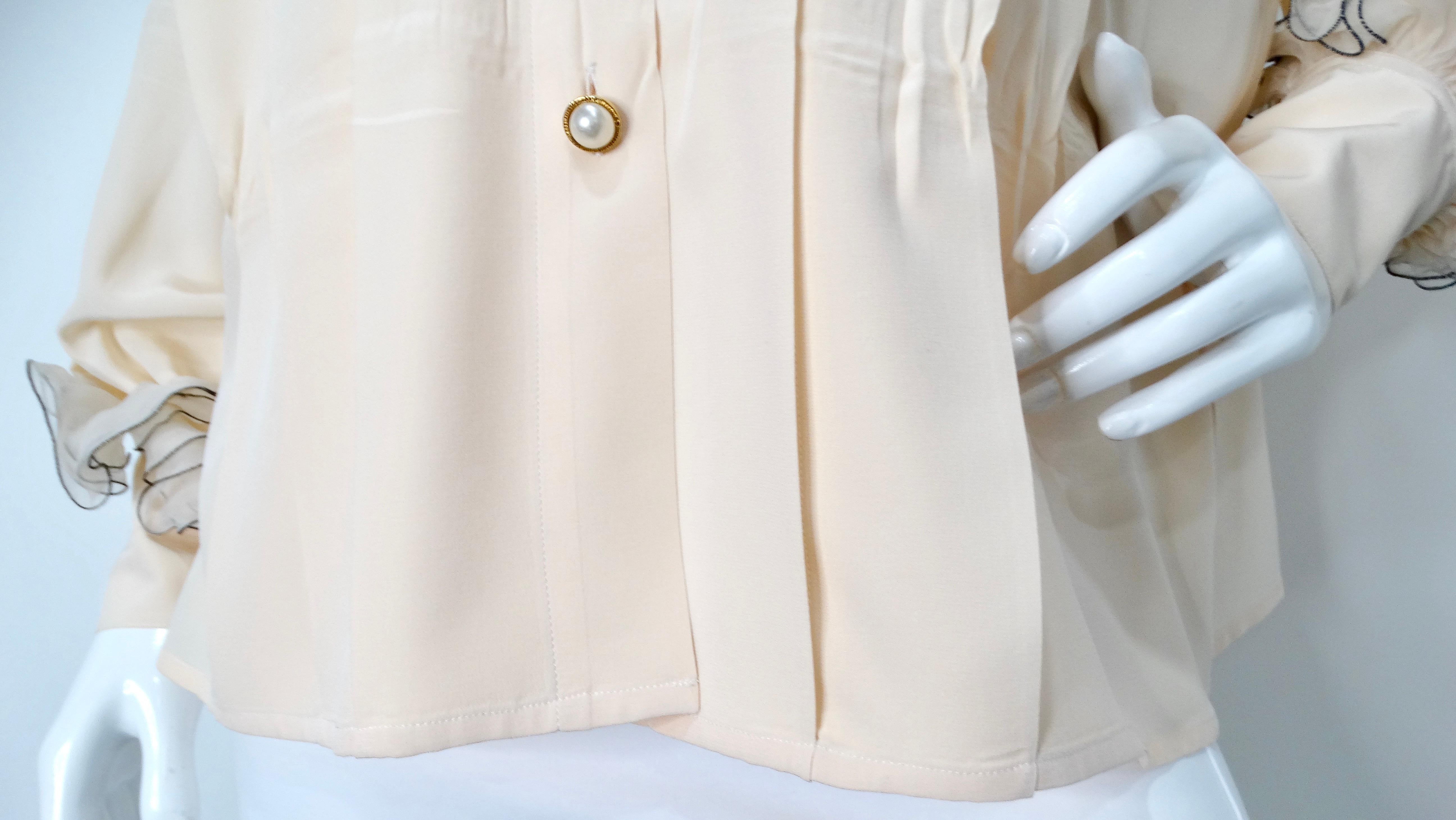 Chanel Blush Ruffled Silk Button-Up Blouse circa 1980s In Good Condition For Sale In Scottsdale, AZ