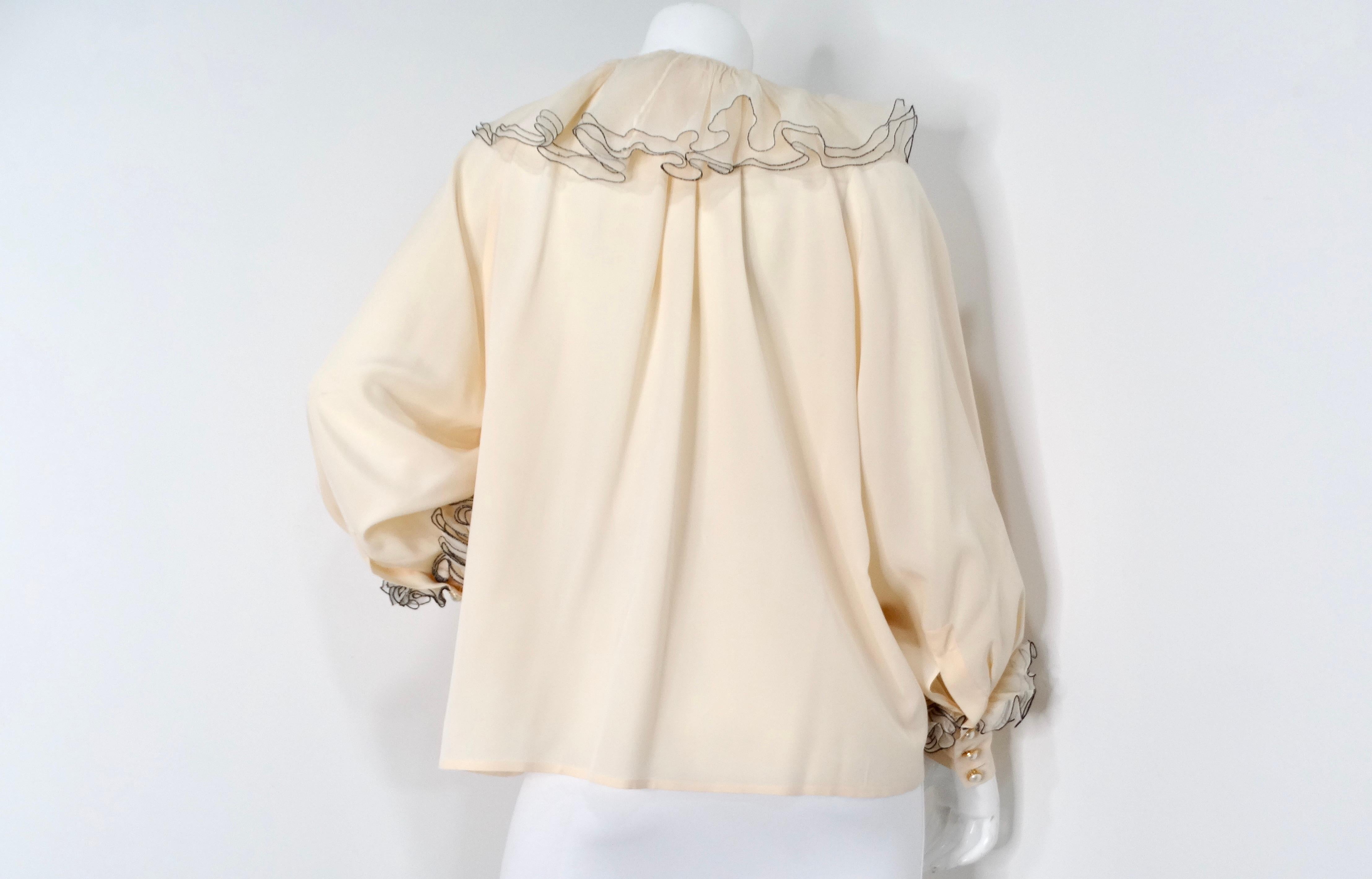 Chanel Blush Ruffled Silk Button-Up Blouse circa 1980s For Sale 1