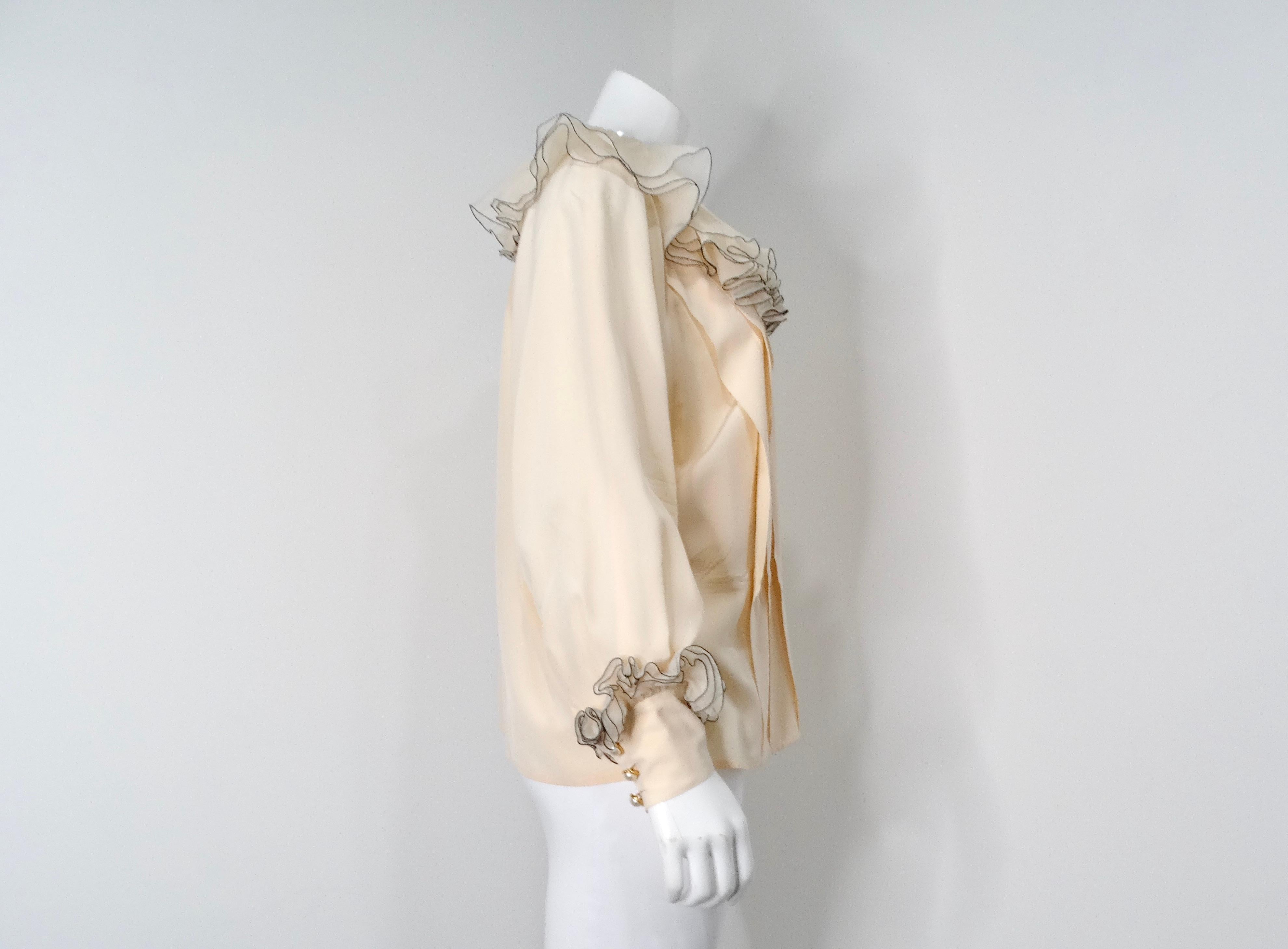 Chanel Blush Ruffled Silk Button-Up Blouse circa 1980s For Sale 2