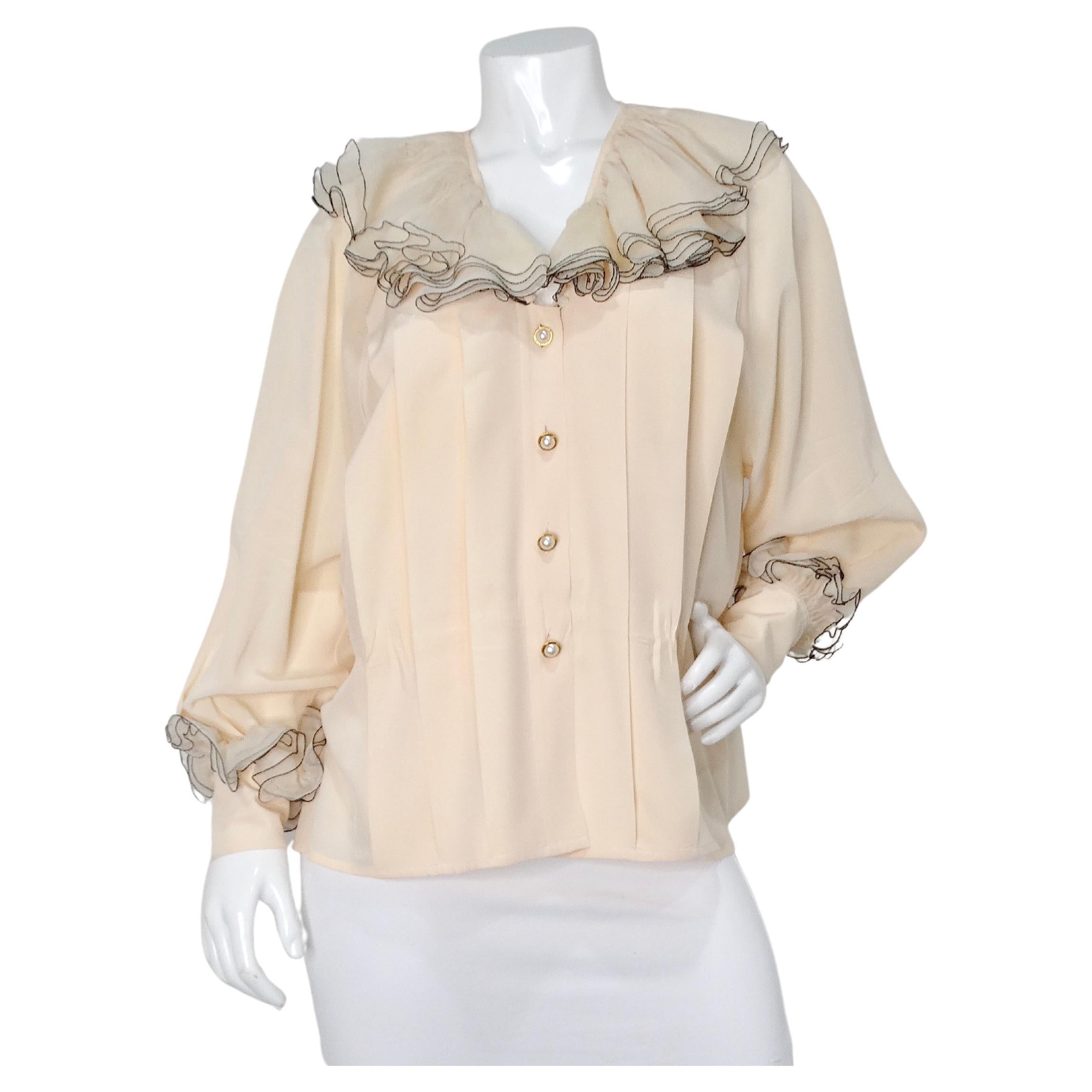 Chanel Blush Ruffled Silk Button-Up Blouse circa 1980s For Sale