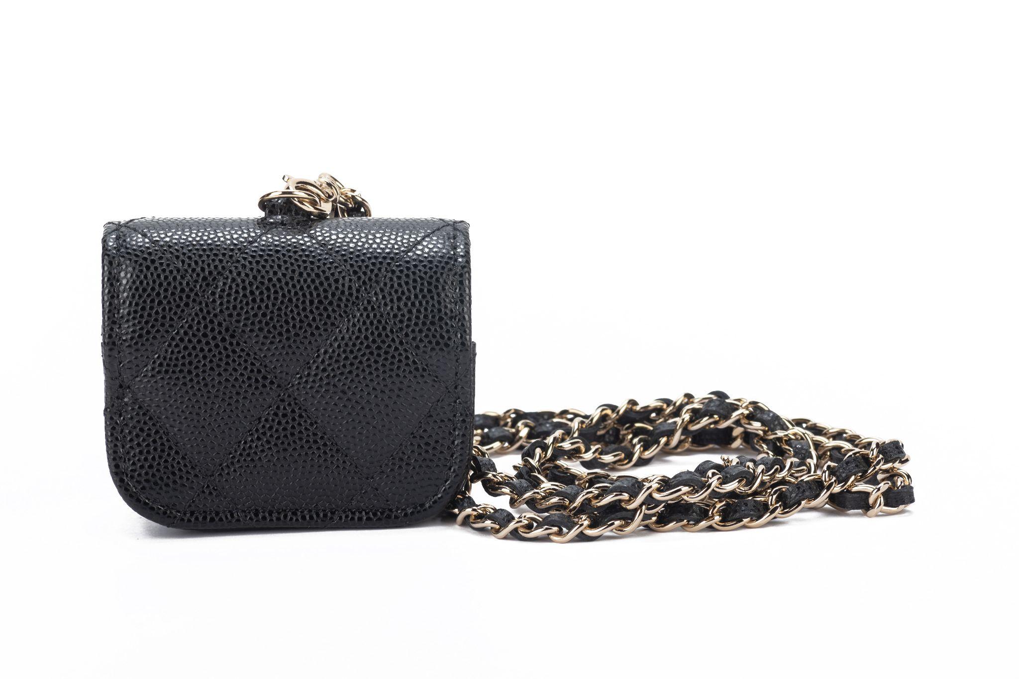 Chanel brand new in box black quilted caviar air pods case necklace/cross body. Chain drop 17”. Collection 31. Comes with hologram, id card, original dust cover and box .