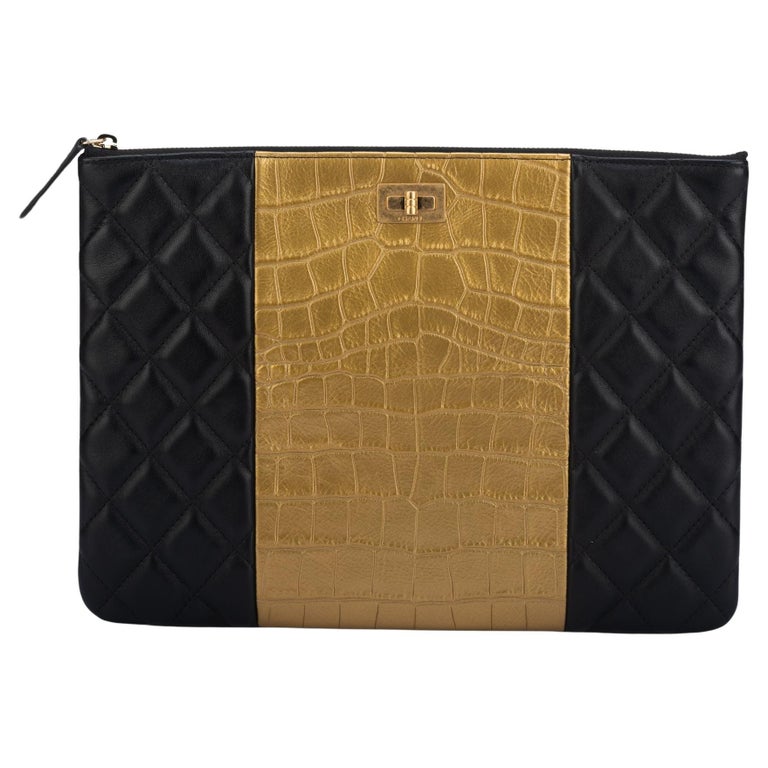 Chanel BNIB Black and Gold Croc Clutch For Sale at 1stDibs