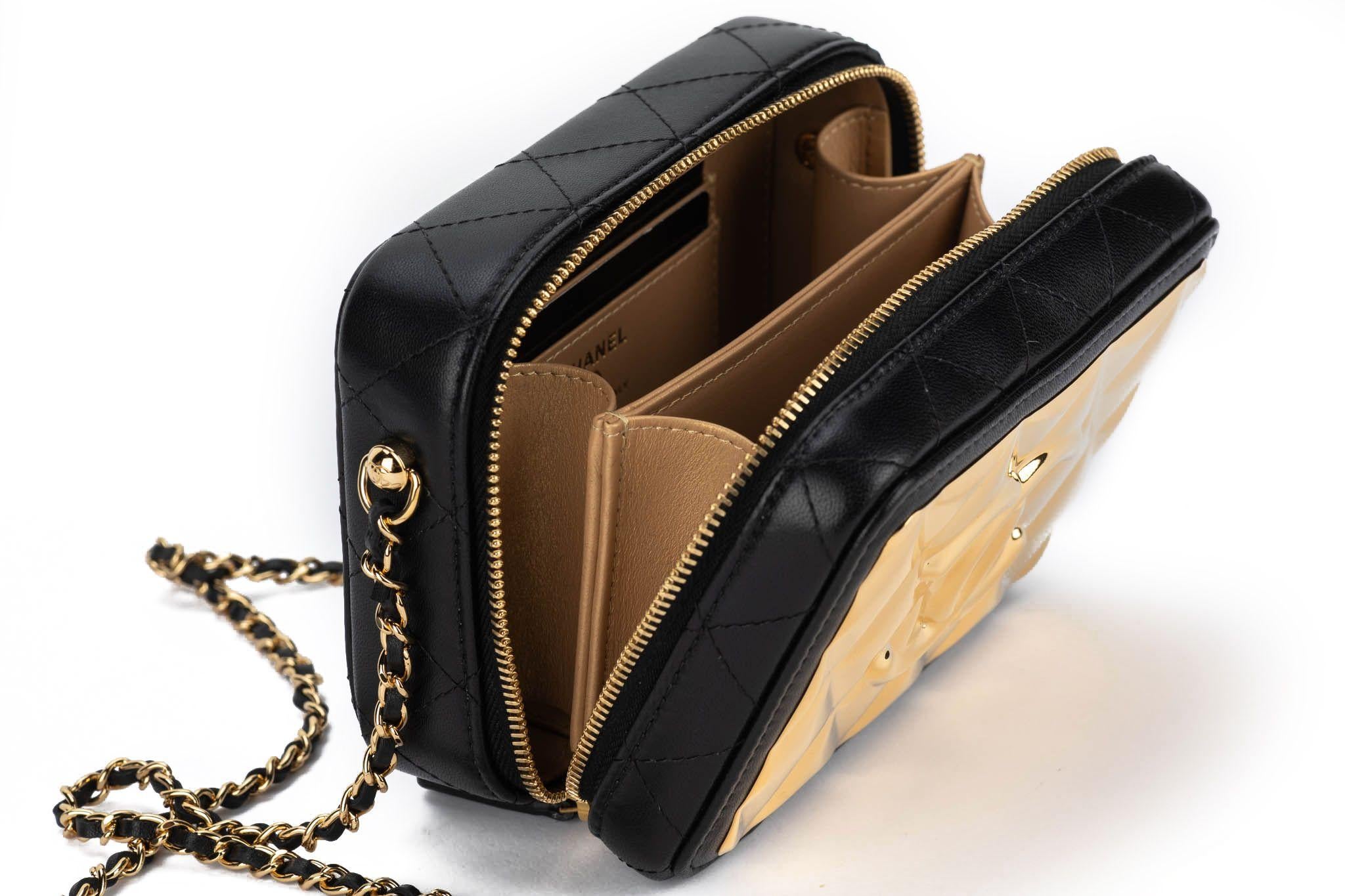 Chanel BNIB Black Gold Metal Evening Bag For Sale 6