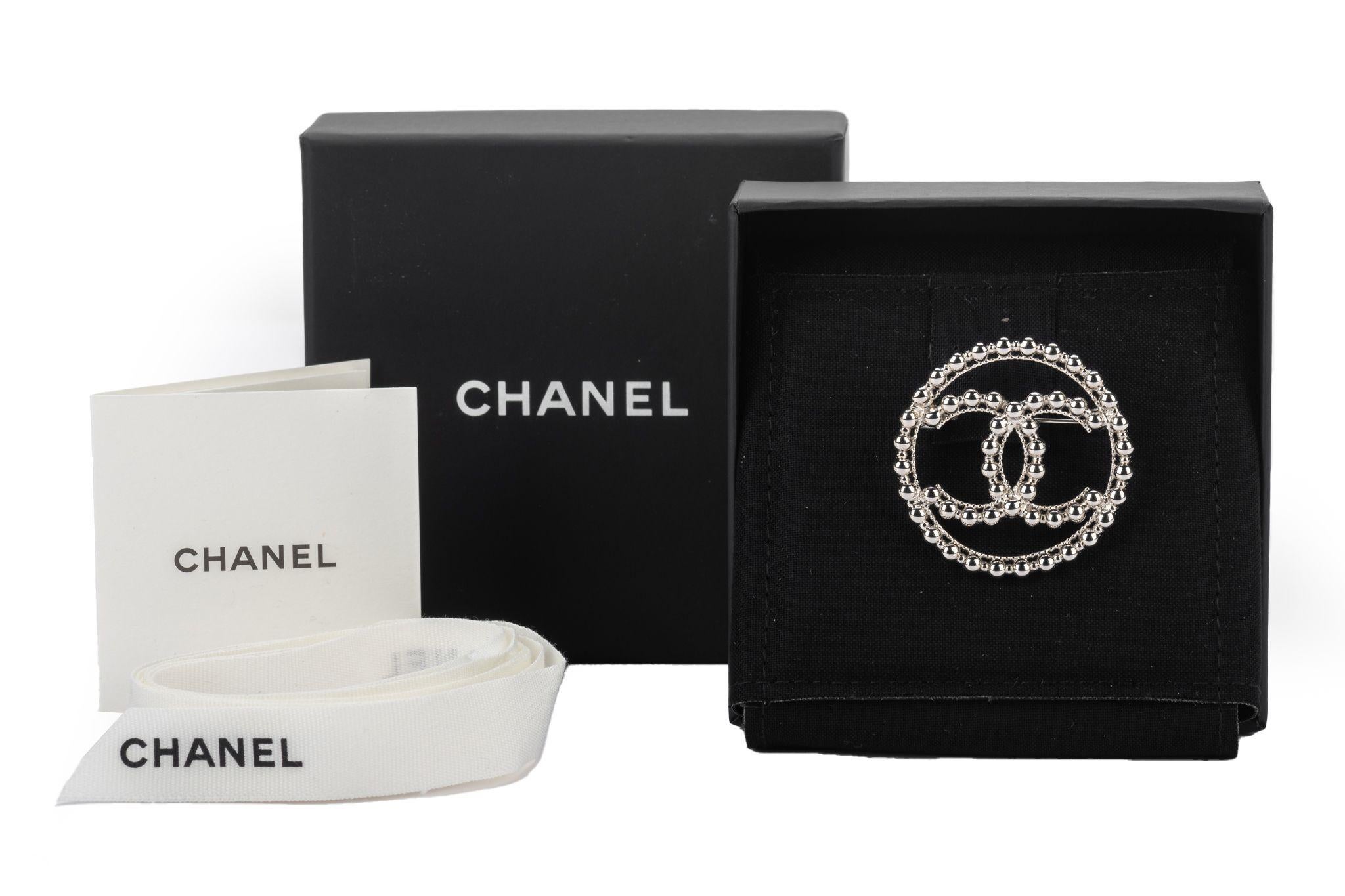 Chanel BNIB Silver CC Logo Round Pin In New Condition For Sale In West Hollywood, CA