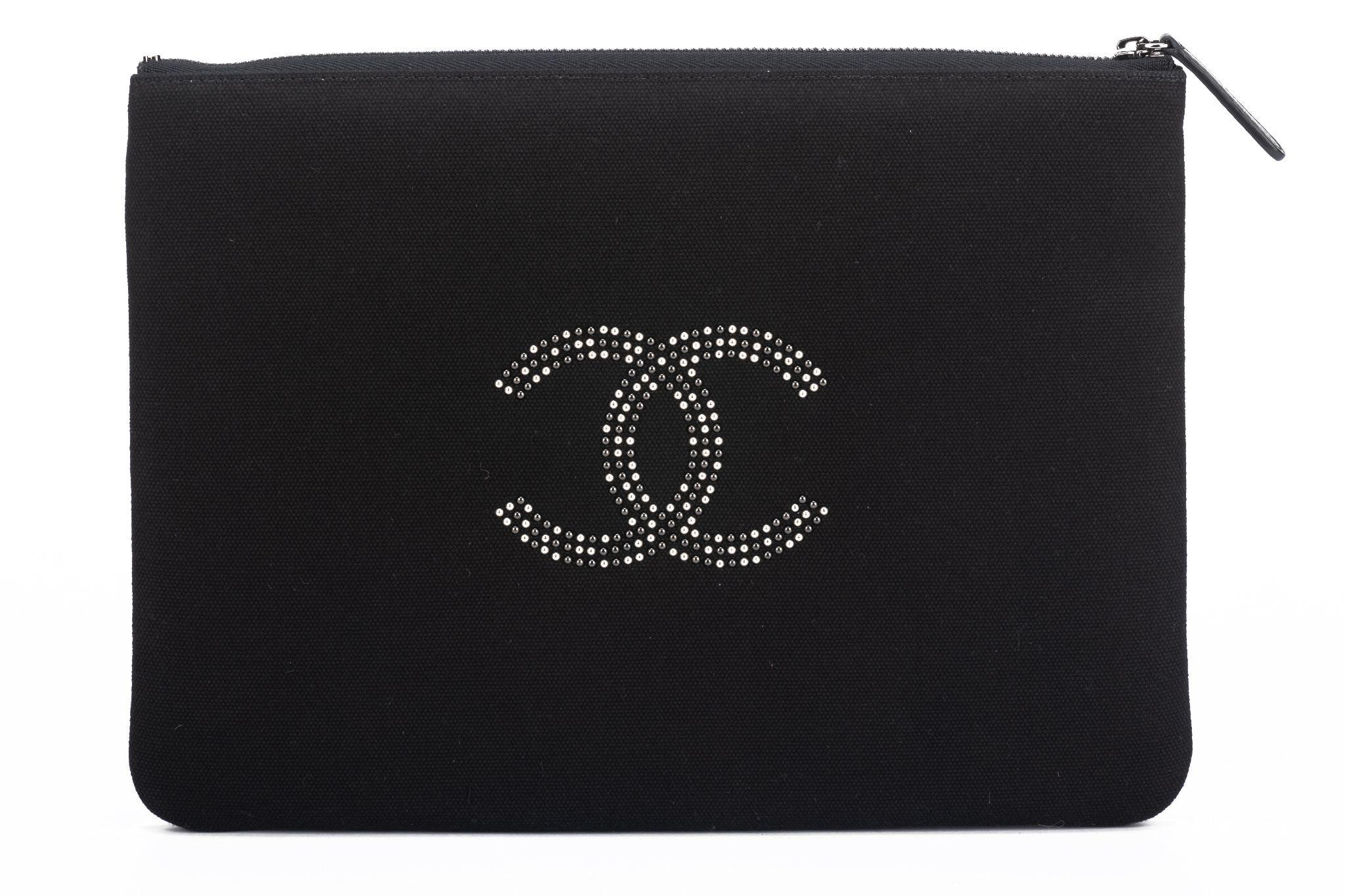 Chanel BNIB Studded Black Silver Clutch In New Condition For Sale In West Hollywood, CA