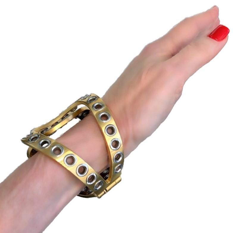 Chanel Bold and Riveting Gold Tone Cuff with Chrome Rivets 2 1/8 In. Wide- 2016 For Sale 6