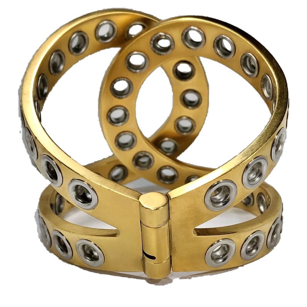 Chanel Bold and Riveting Gold Tone Cuff with Chrome Rivets 2 1/8 In. Wide- 2016 In Good Condition For Sale In Palm Beach, FL