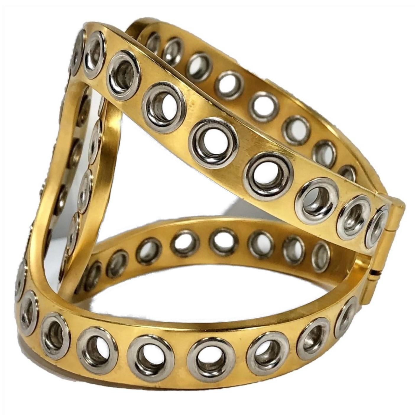 Women's Chanel Bold and Riveting Gold Tone Cuff with Chrome Rivets 2 1/8 In. Wide- 2016 For Sale