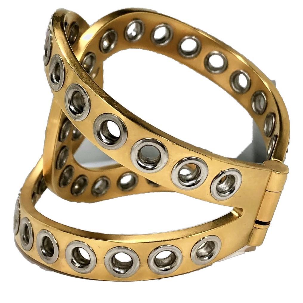 Chanel Bold and Riveting Gold Tone Cuff with Chrome Rivets 2 1/8 In. Wide- 2016 For Sale 1
