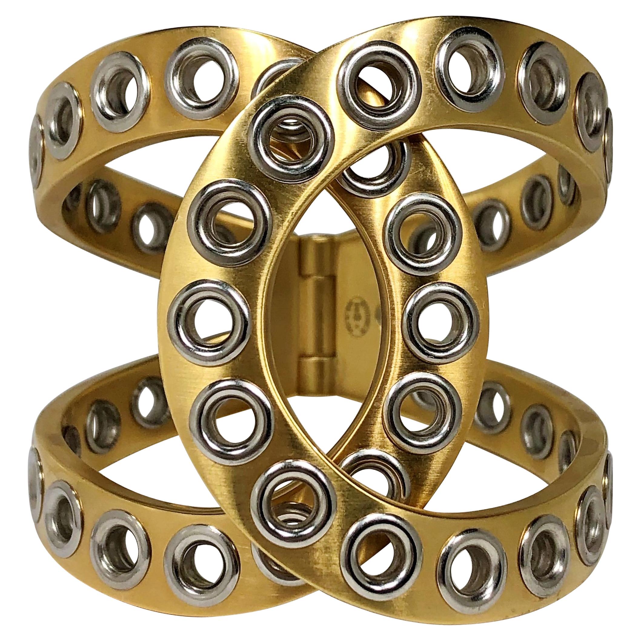 Chanel Bold and Riveting Gold Tone Cuff with Chrome Rivets 2 1/8 In. Wide- 2016 For Sale