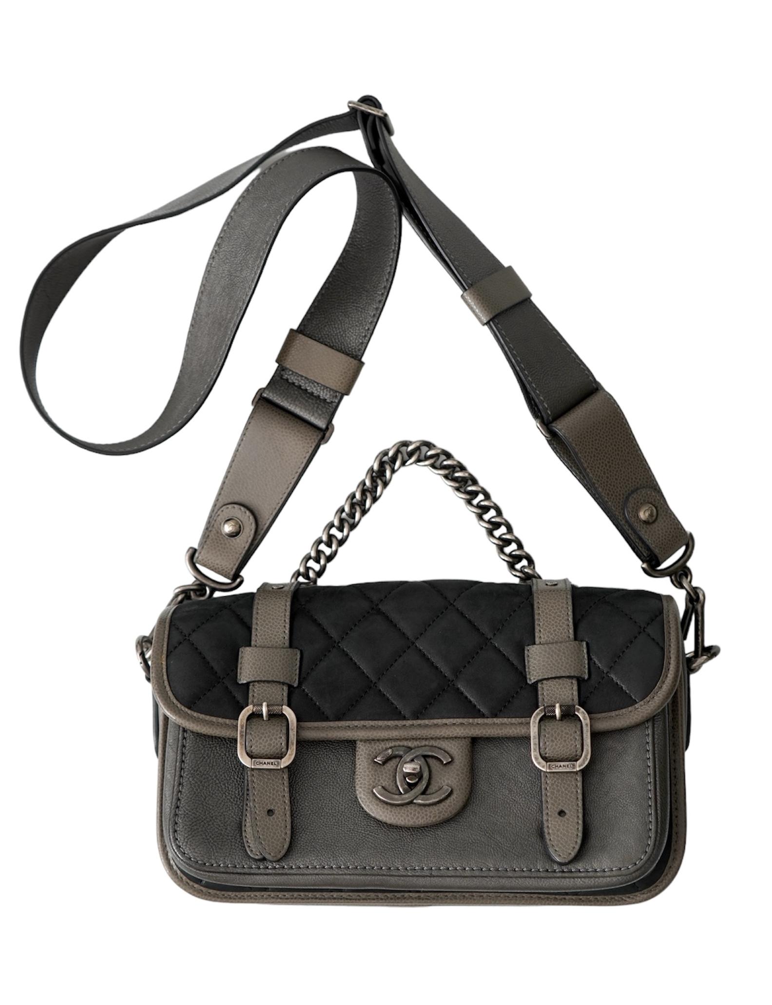 Chanel Bombay iridescent calfskin back to school messenger bag dark grey/black

	base L: 12.5” H: 9.5” W: 2.75” Drop: 4” Drop: 15”

This is an authentic CHANEL Iridescent Calfskin Back To School Messenger Flap Dark Grey. This unique bag is crafted