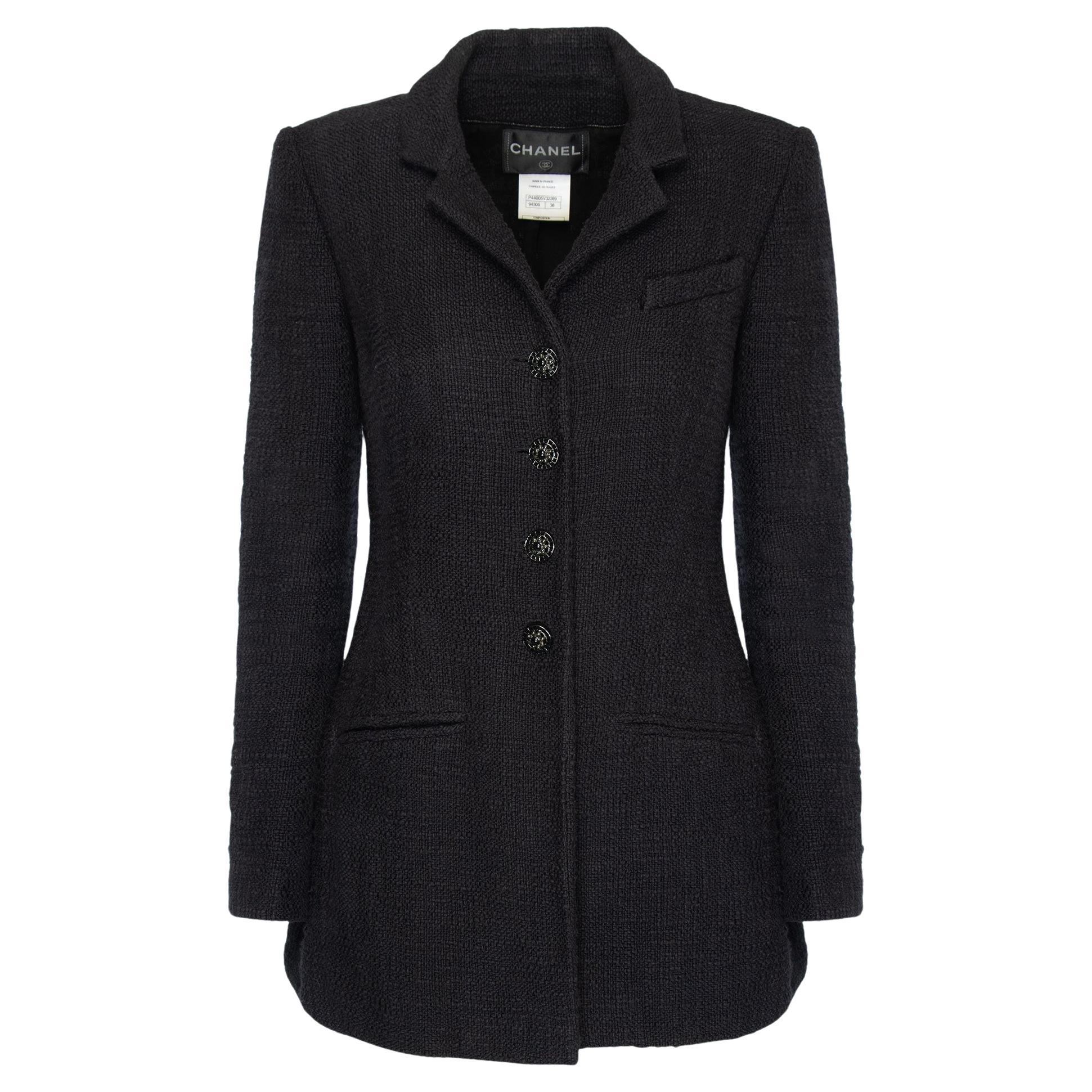 CHANEL Paris / Bombay CC Veste en tweed noir à boutons bijoux, taille 38 FR