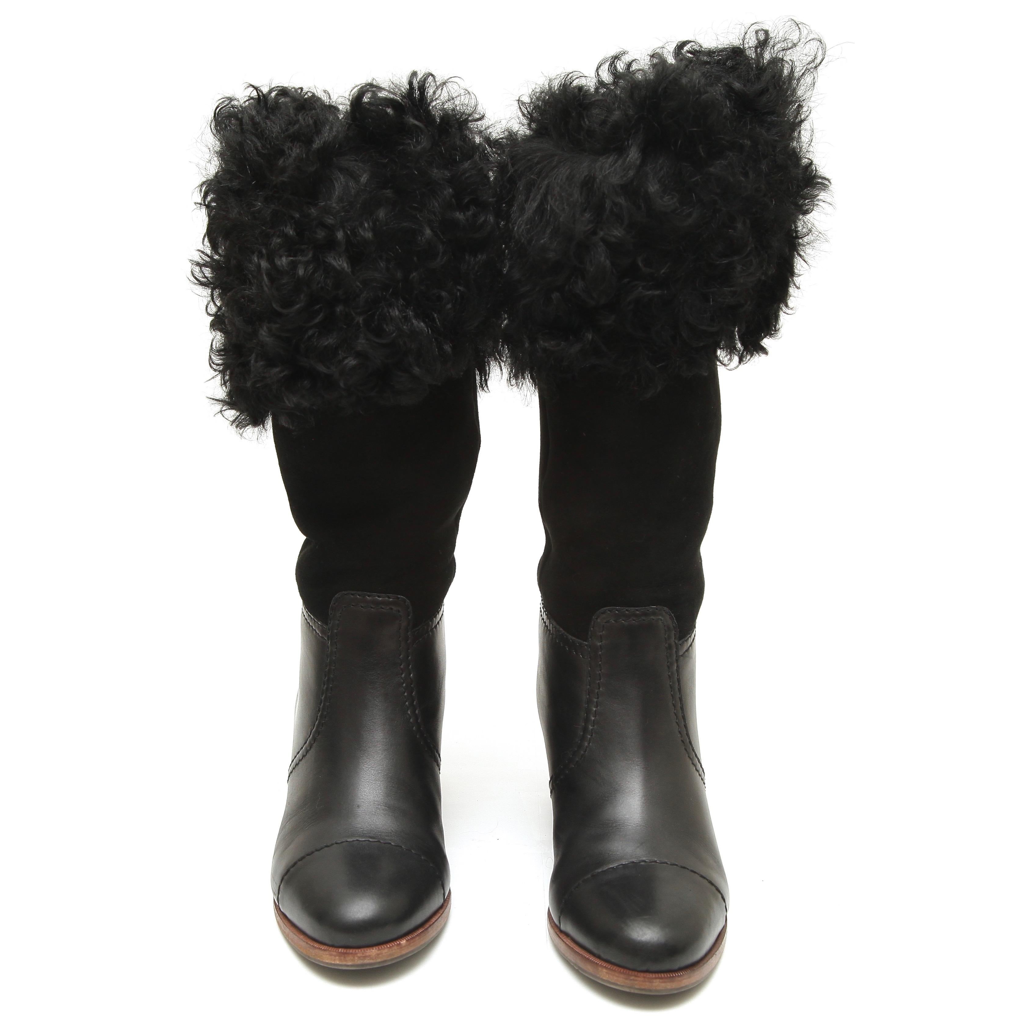 CHANEL Black Boots Suede Leather Mid-Calf Fur CC Cap Toe Block Sz 40 2015 15B For Sale 1