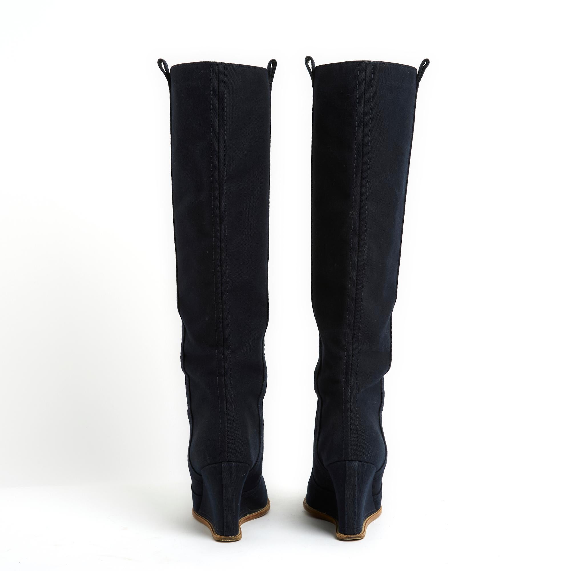 Women's Chanel Boots EU39 Navy Denim Wedge Heel  For Sale