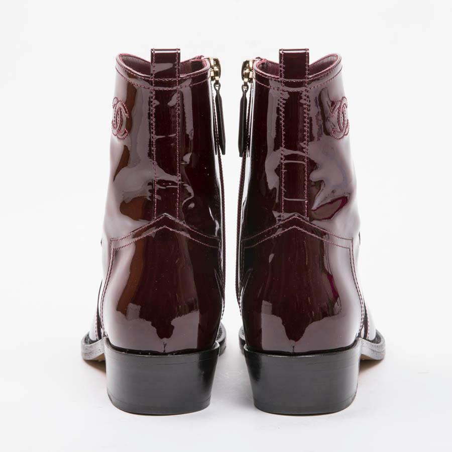 Black CHANEL Boots in Burgundy Patent Leather Size 37FR