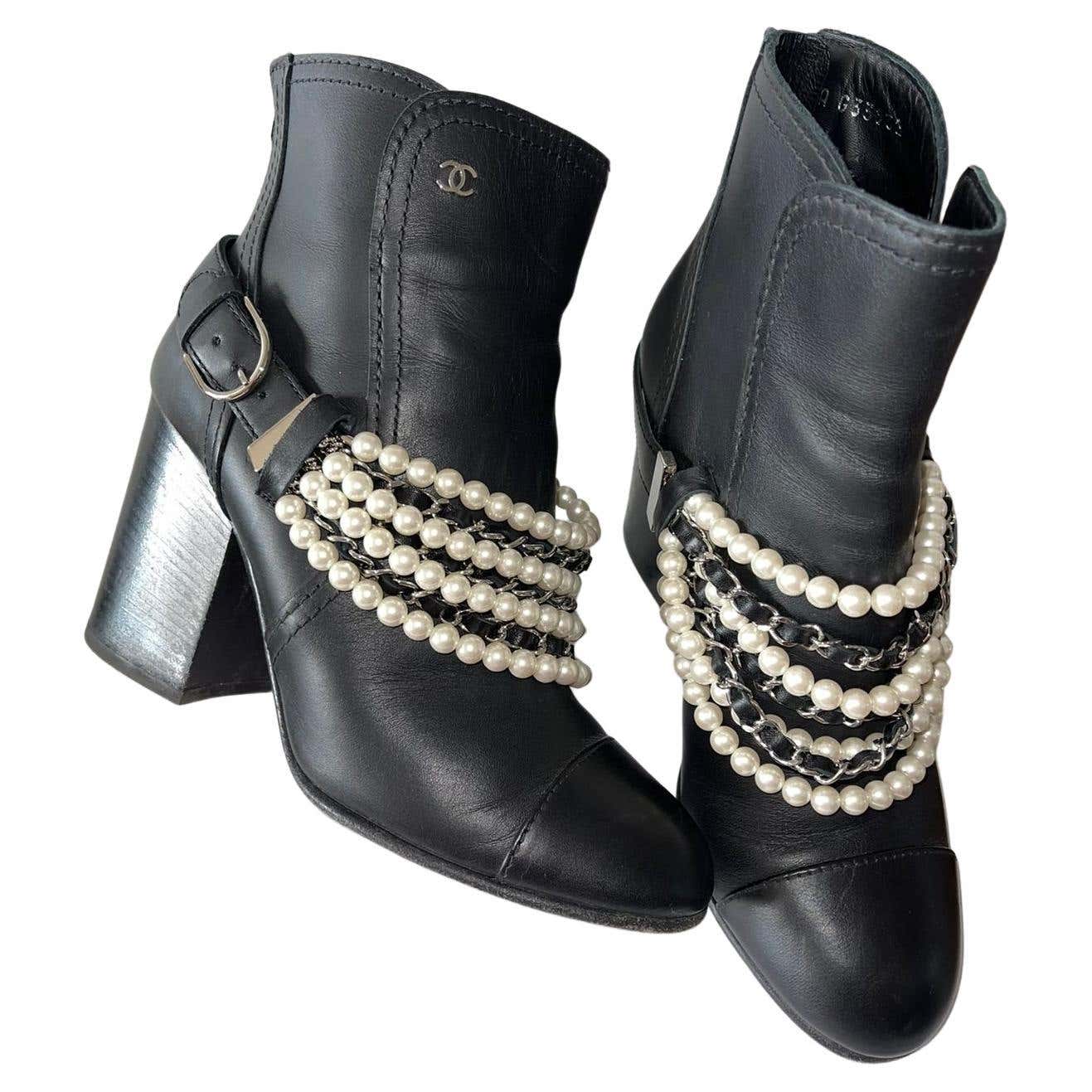 Chanel Boots with pearls and chains Black For Sale at 1stDibs