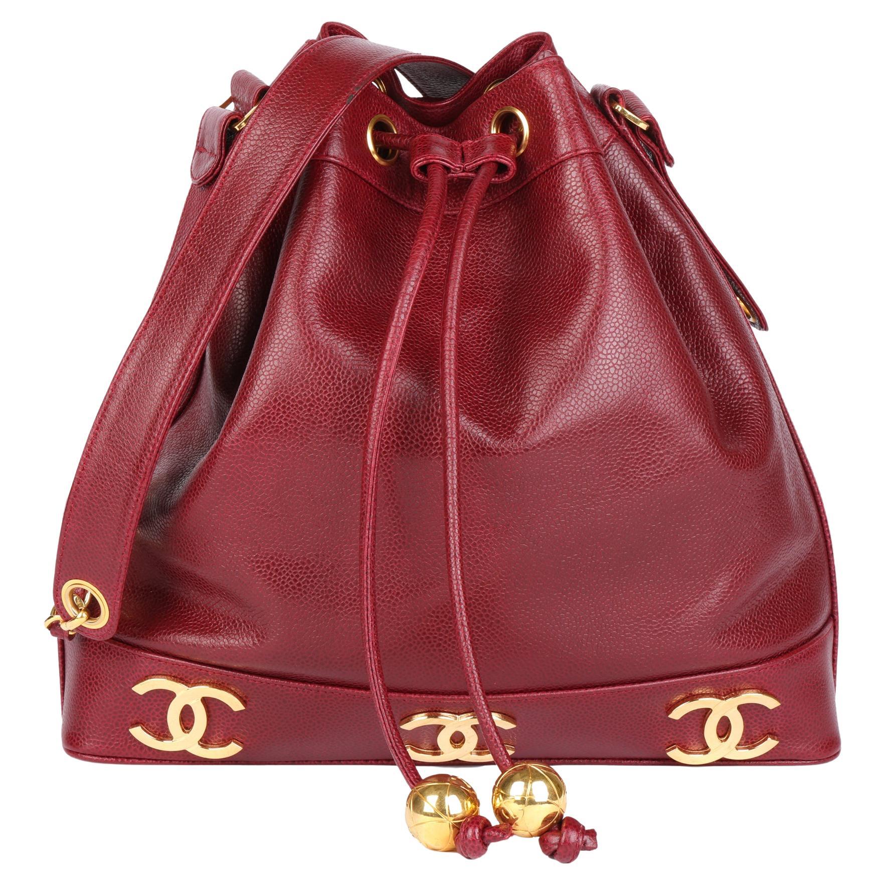CHANEL Bordeaux Caviar Leather Vintage Classic Logo Trim Bucket Bag with  Pouch at 1stDibs
