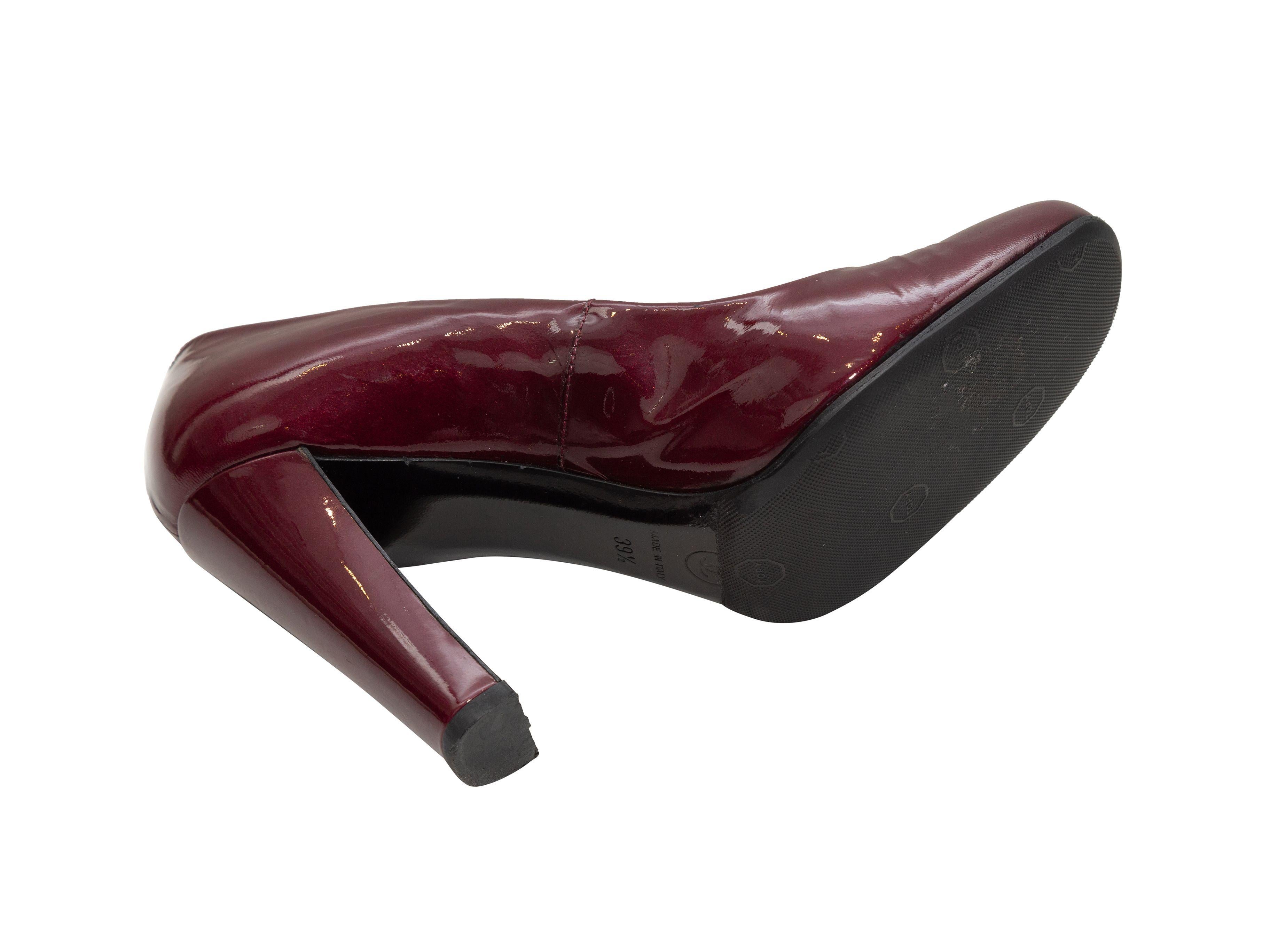 Product Details: Bordeaux patent leather square-toe pumps by Chanel. 4