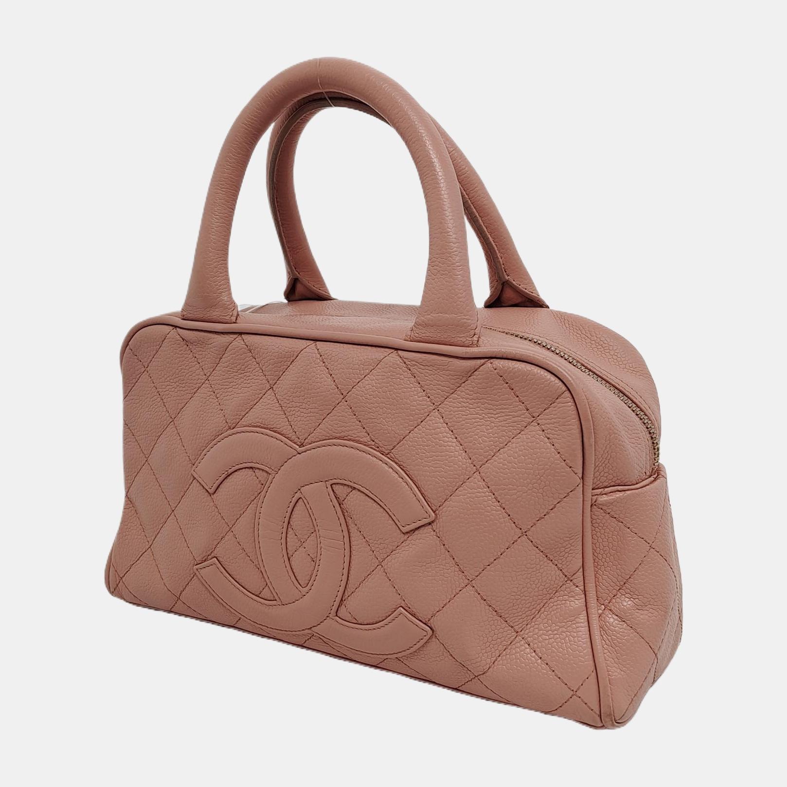 Marron Chanel Boston Bowling Bag Petit sac à main en cuir caviar rose en vente