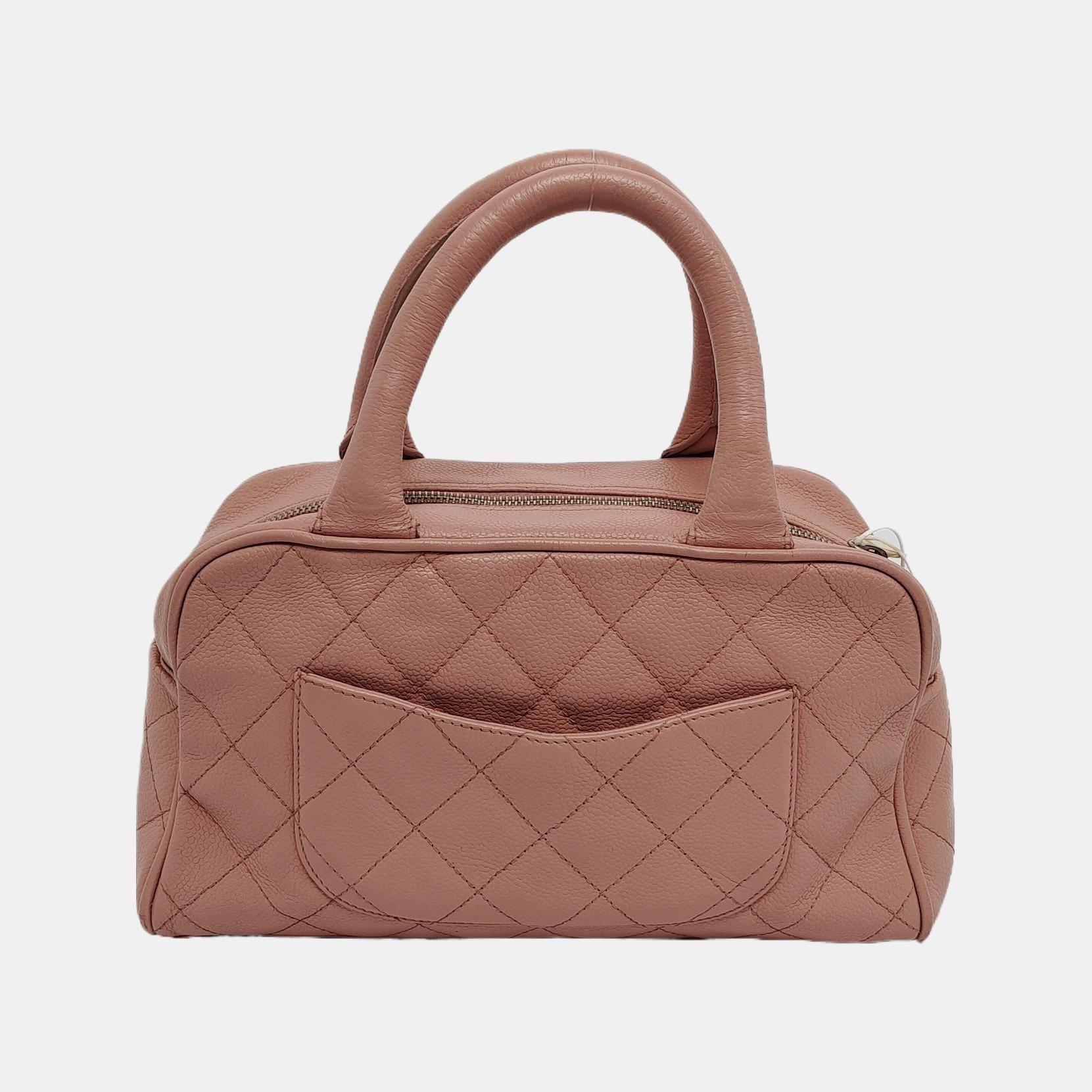Chanel Boston Bowling Bag Petit sac à main en cuir caviar rose Bon état - En vente à AUBERVILLIERS, FR