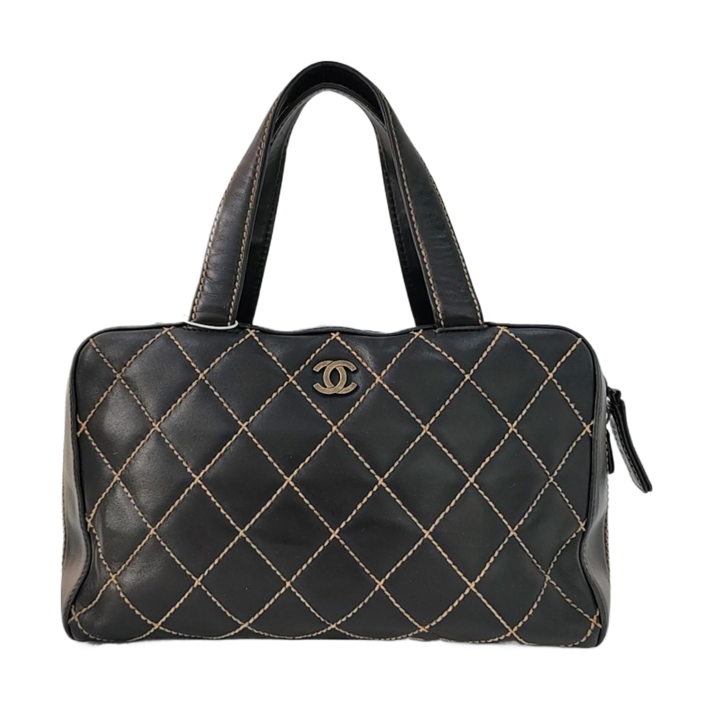 Chanel Boston Wild Stitch Black Top Handle Zip Opening Bag in vendita