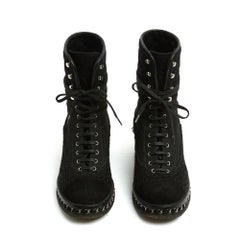 Chanel Bottines EU39 Black Wool Tweed and Chain Combat Shoes Boots UK6 US8.5