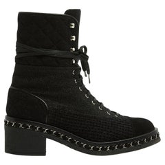 Chanel Bottines EU39 Schwarz Wolle Tweed und Kette Combat Schuhe Stiefel UK6 US8,5