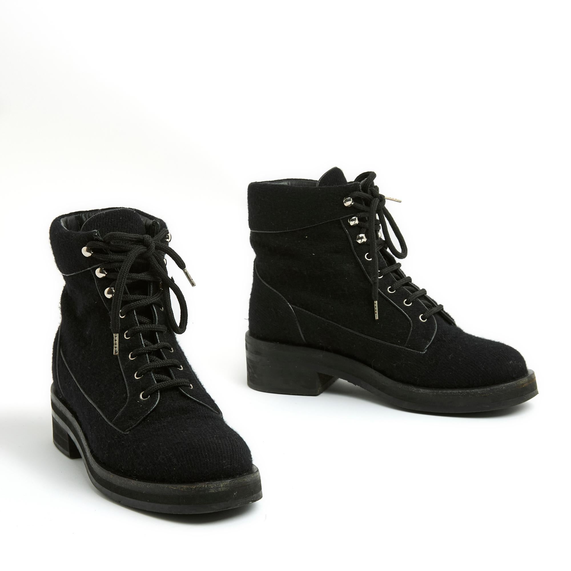 Women's Chanel Bottines FR38 CC Black Tweed Army Boots US7.5