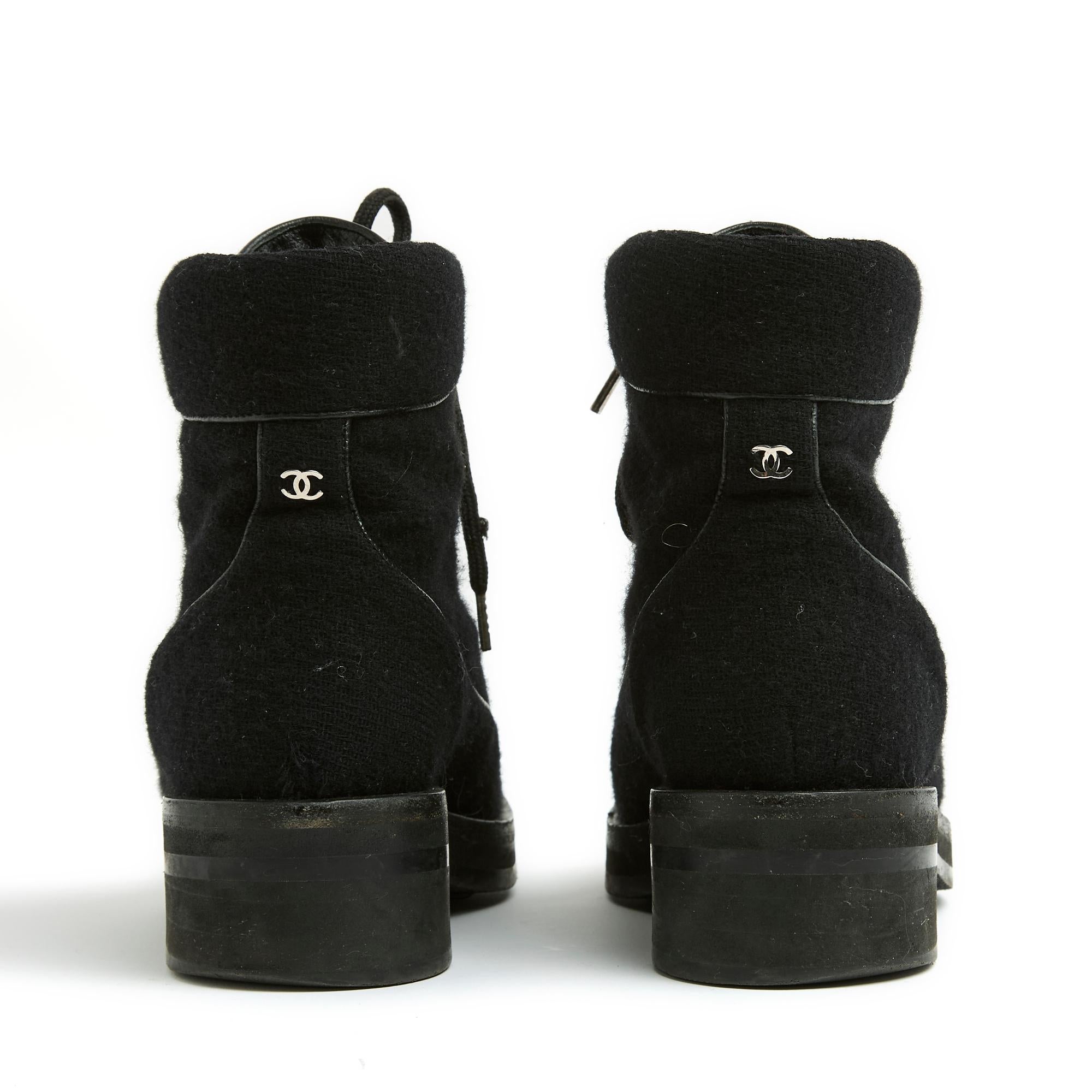 Chanel Bottines FR38 CC Black Tweed Army Boots US7.5 1