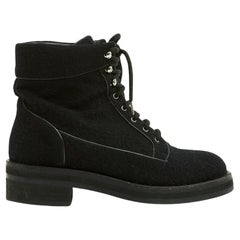 Chanel Bottines FR38 CC Black Tweed Army Boots US7.5
