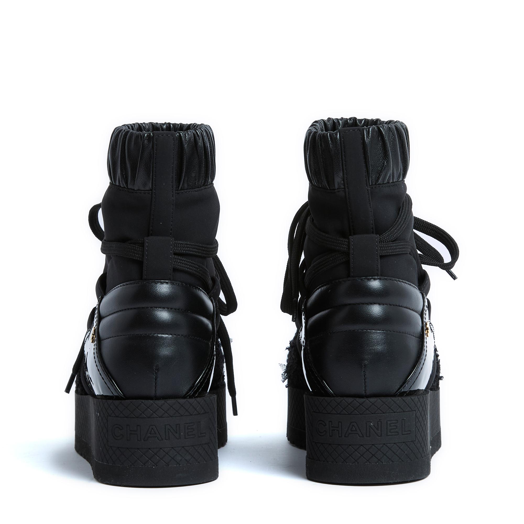 Chanel Bottines FR38 Coco Neige Black Leather Tweed Boots UK5 US7.5 For Sale 1