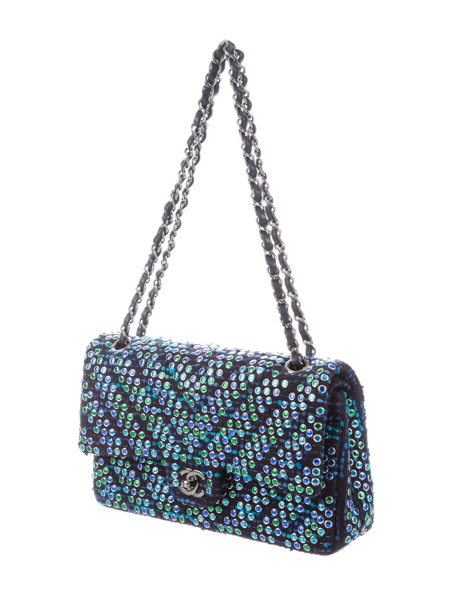 Chanel Boucle Blue Green Resin Silver Evening Shoulder Bag in Box 

Bouclé 
Resin 
Leather 
Silver tone and ruthenium hardware
Leather lining
Turn-lock closure
Date code present
Made in France 
Shoulder strap drop 19