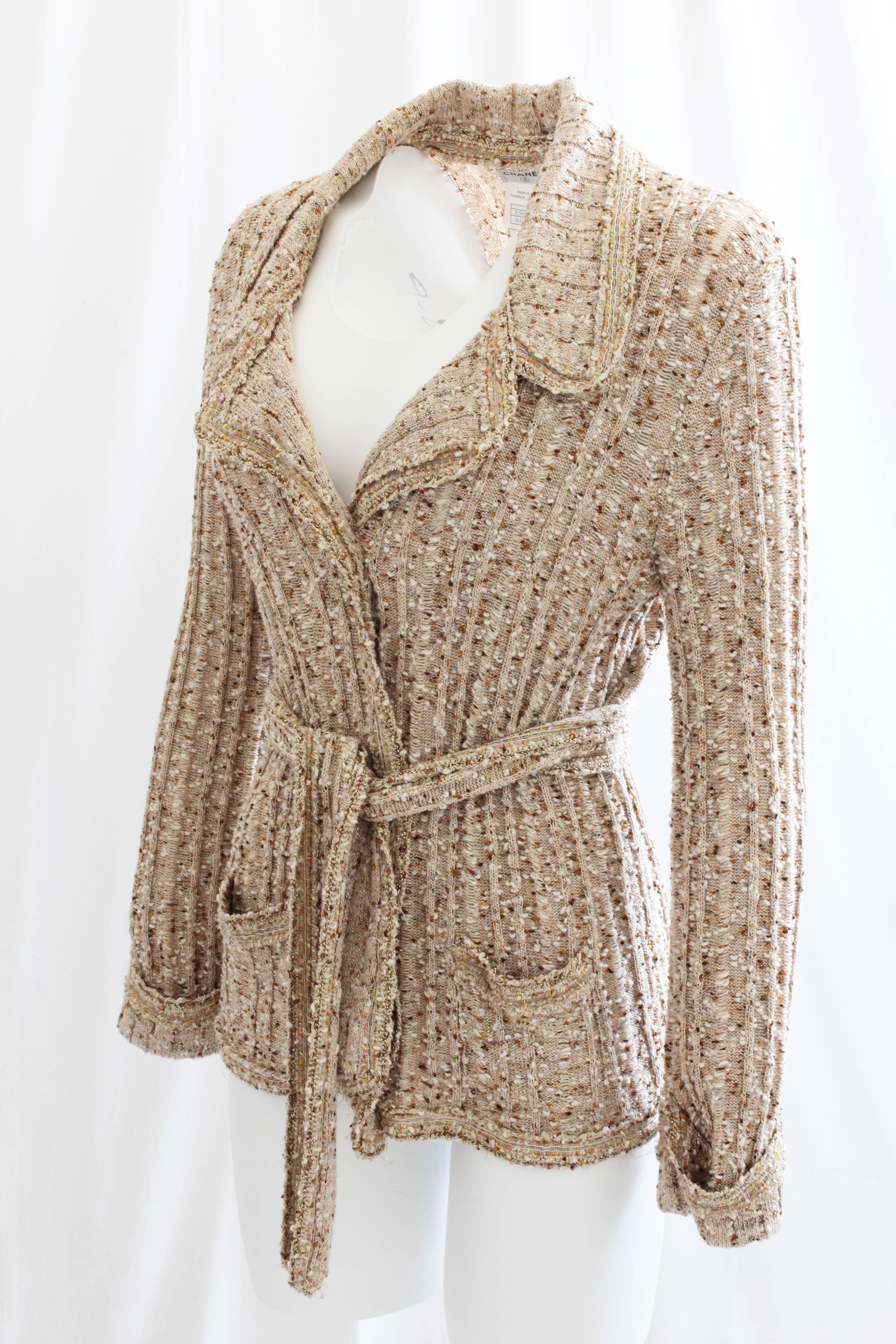 Brown Chanel Boucle Knit Cardigan Sweater with Belt Oatmeal Tan 06P Collection Sz 44