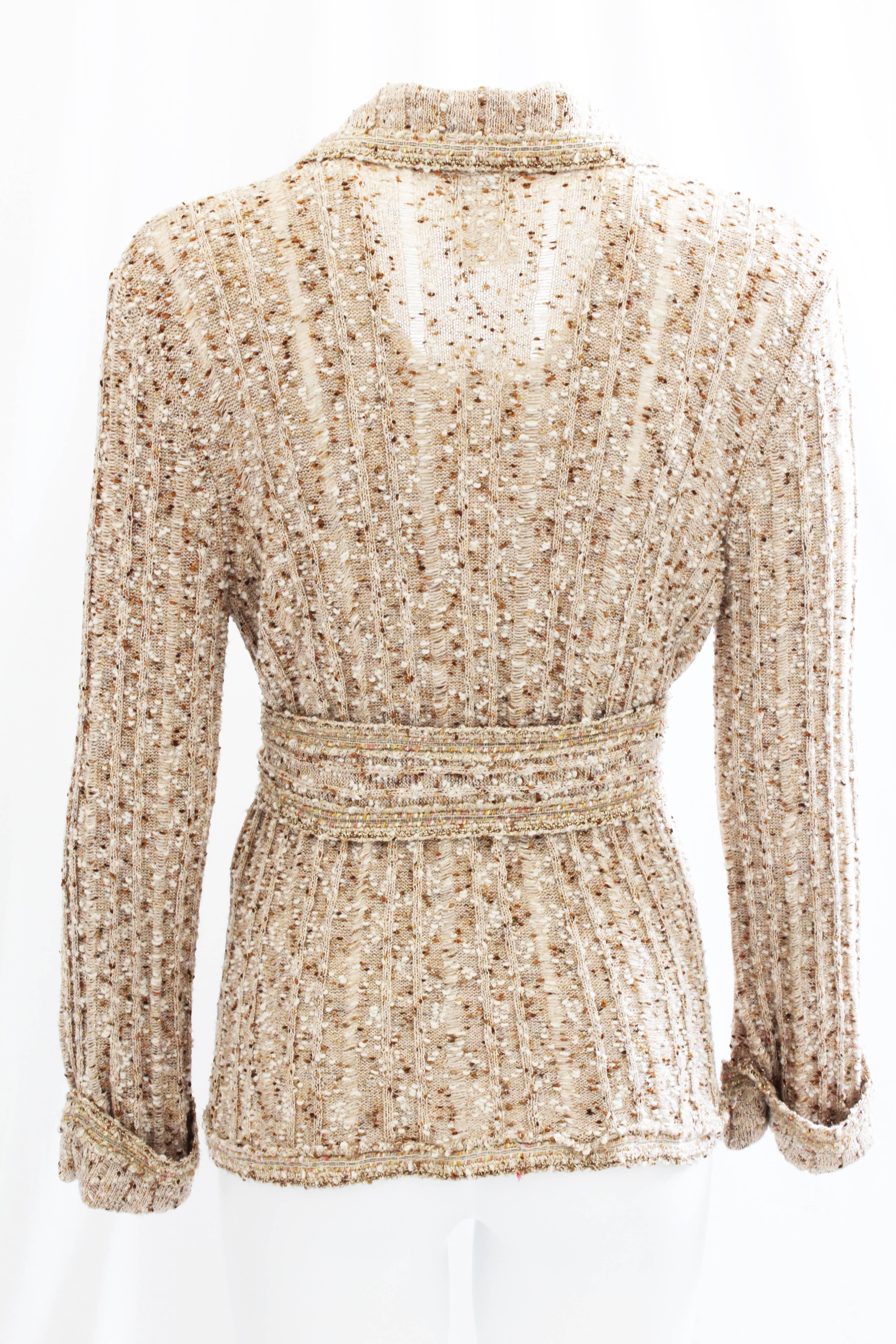 Chanel Boucle Knit Cardigan Sweater with Belt Oatmeal Tan 06P Collection Sz 44 In Good Condition In Port Saint Lucie, FL