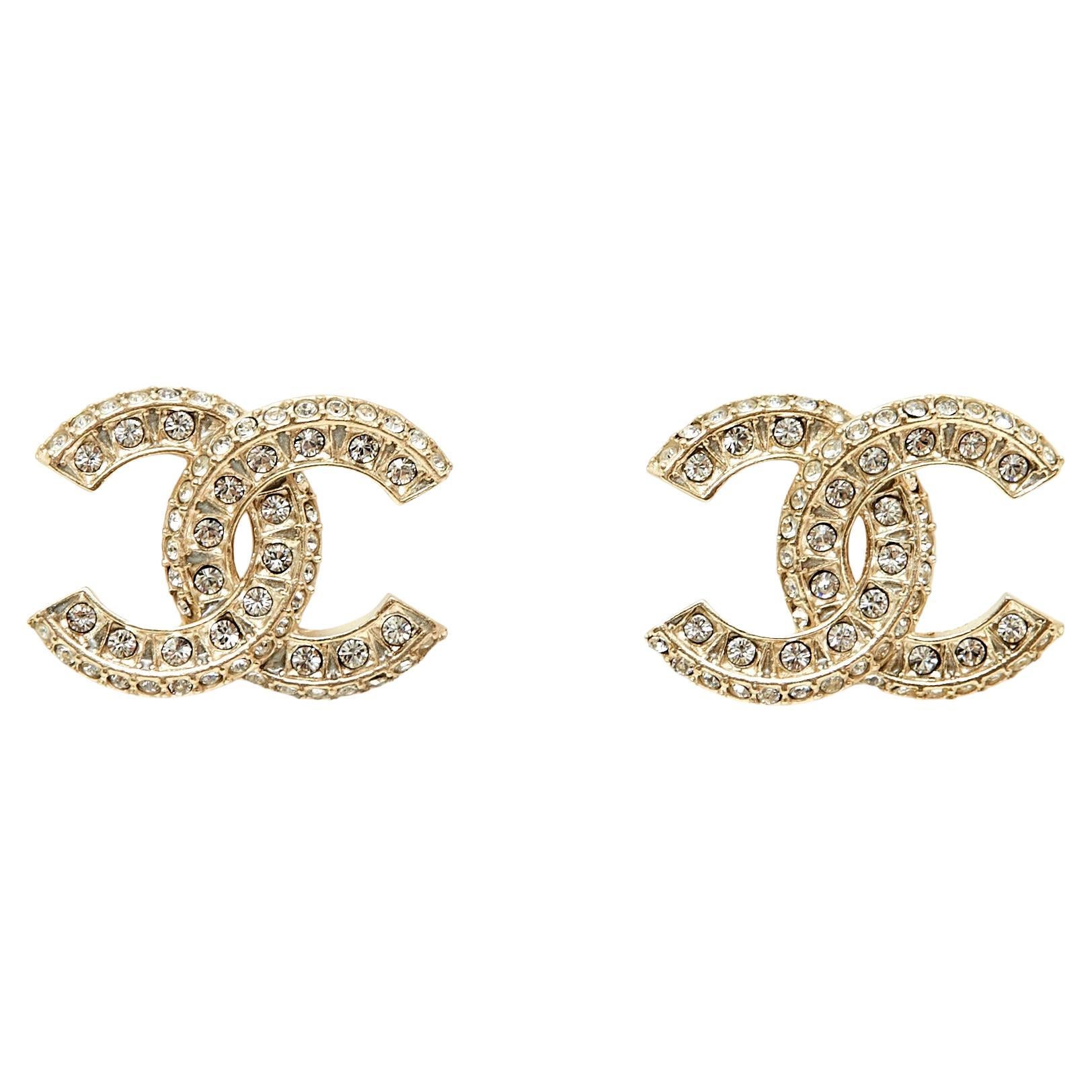 Orecchini Chanel Boucles d'oreille Clous Golden CC con doppia fila di cristalli Orecchini con borchie