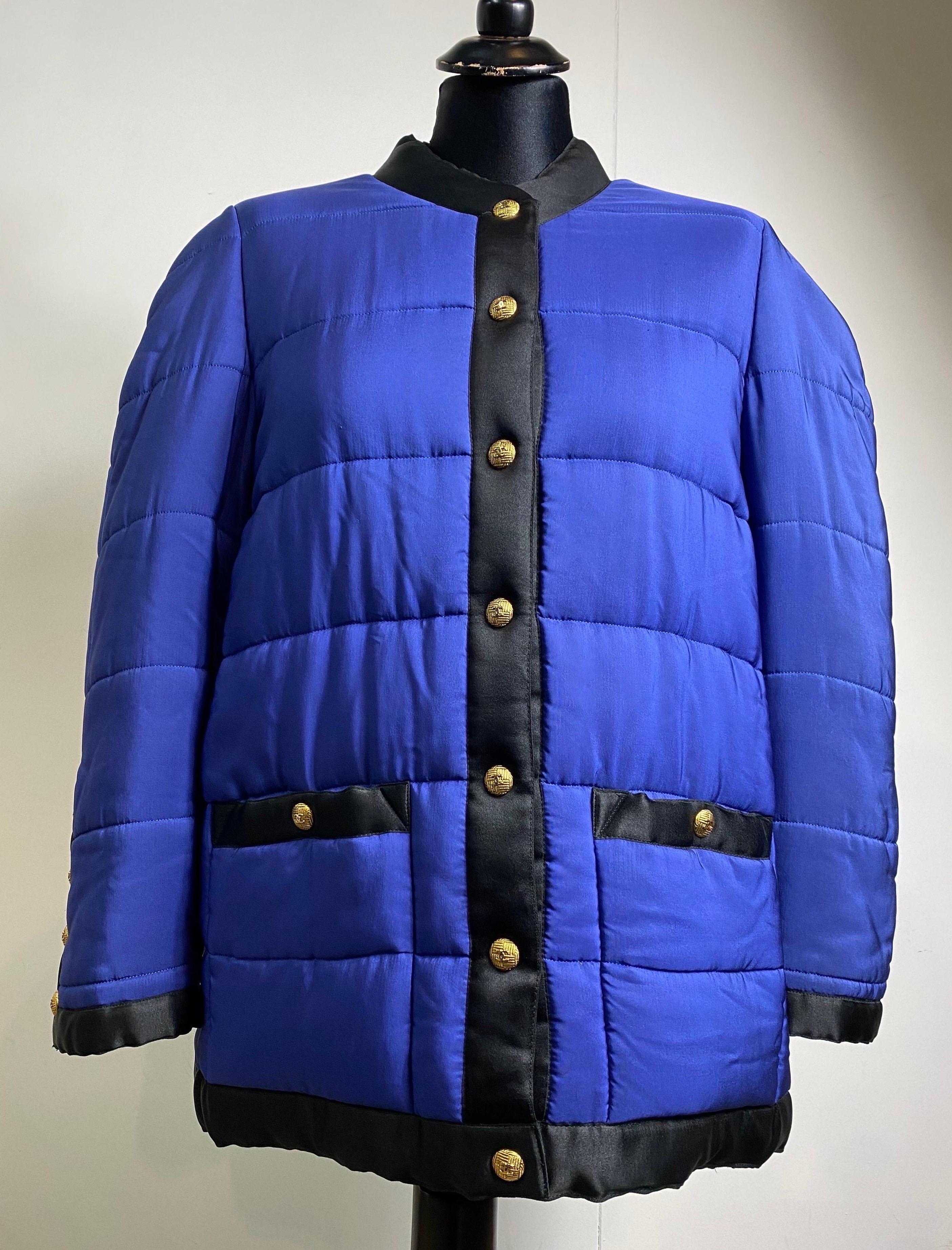 Blue Chanel Boutique 1990/91 vintage quilted electric blue bomber jacket For Sale