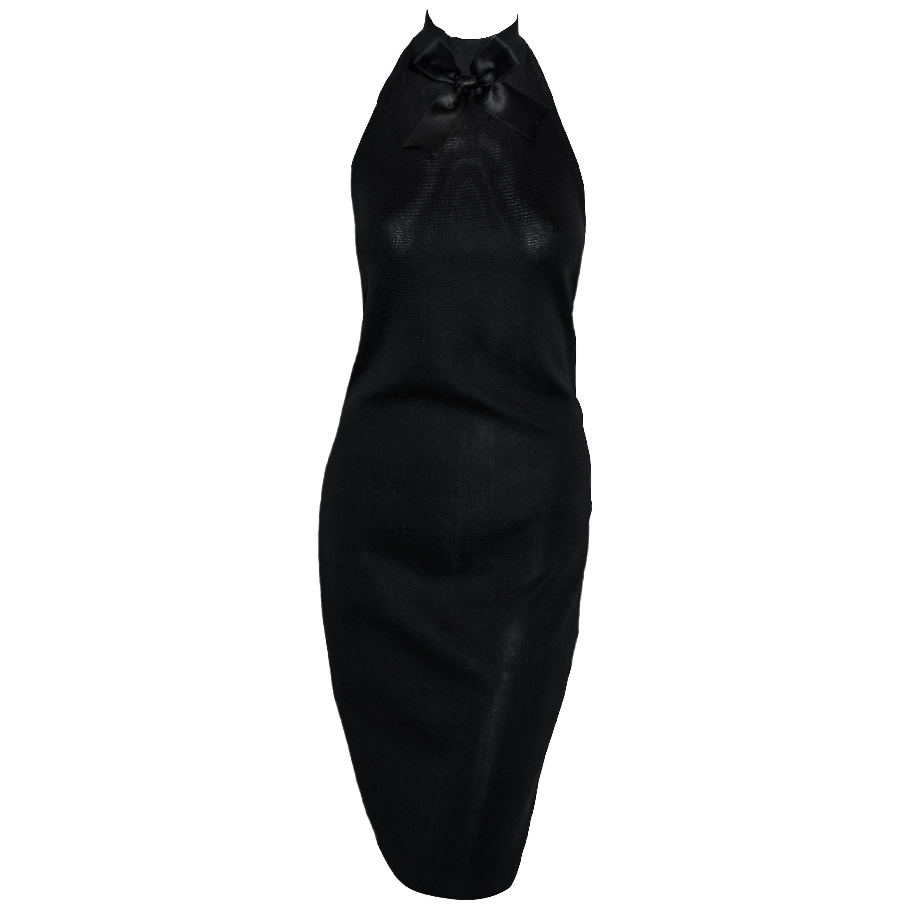 Chanel Boutique 1995 Black Knit Halter Dress W/ Bow Decoration at Front & Back  For Sale