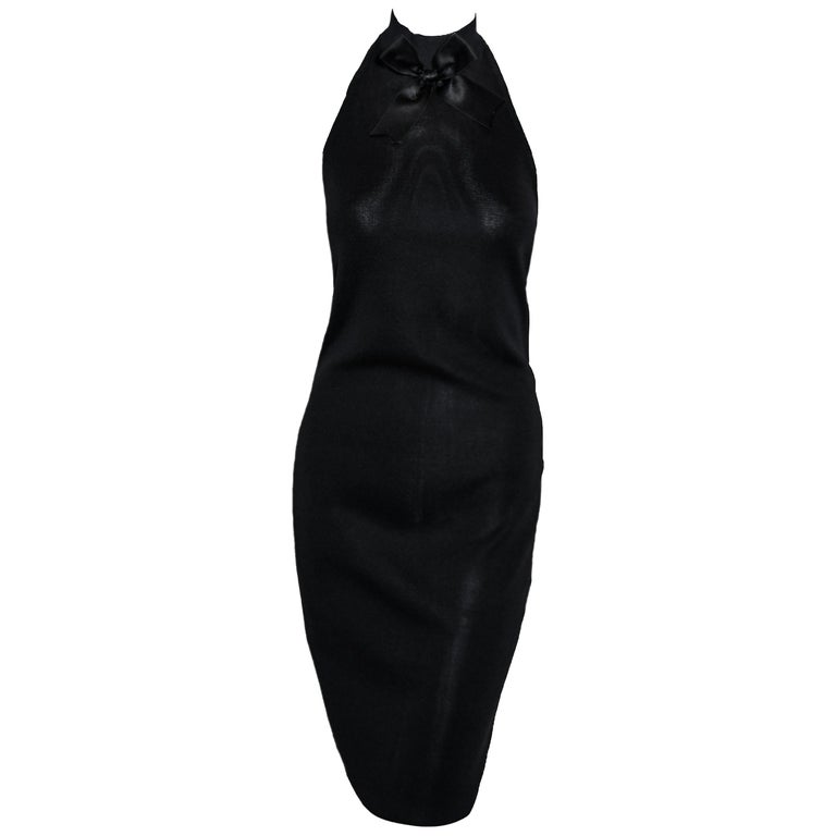 Chanel Boutique 1995 Black Knit Halter Dress W/ Bow Decoration at Front ...