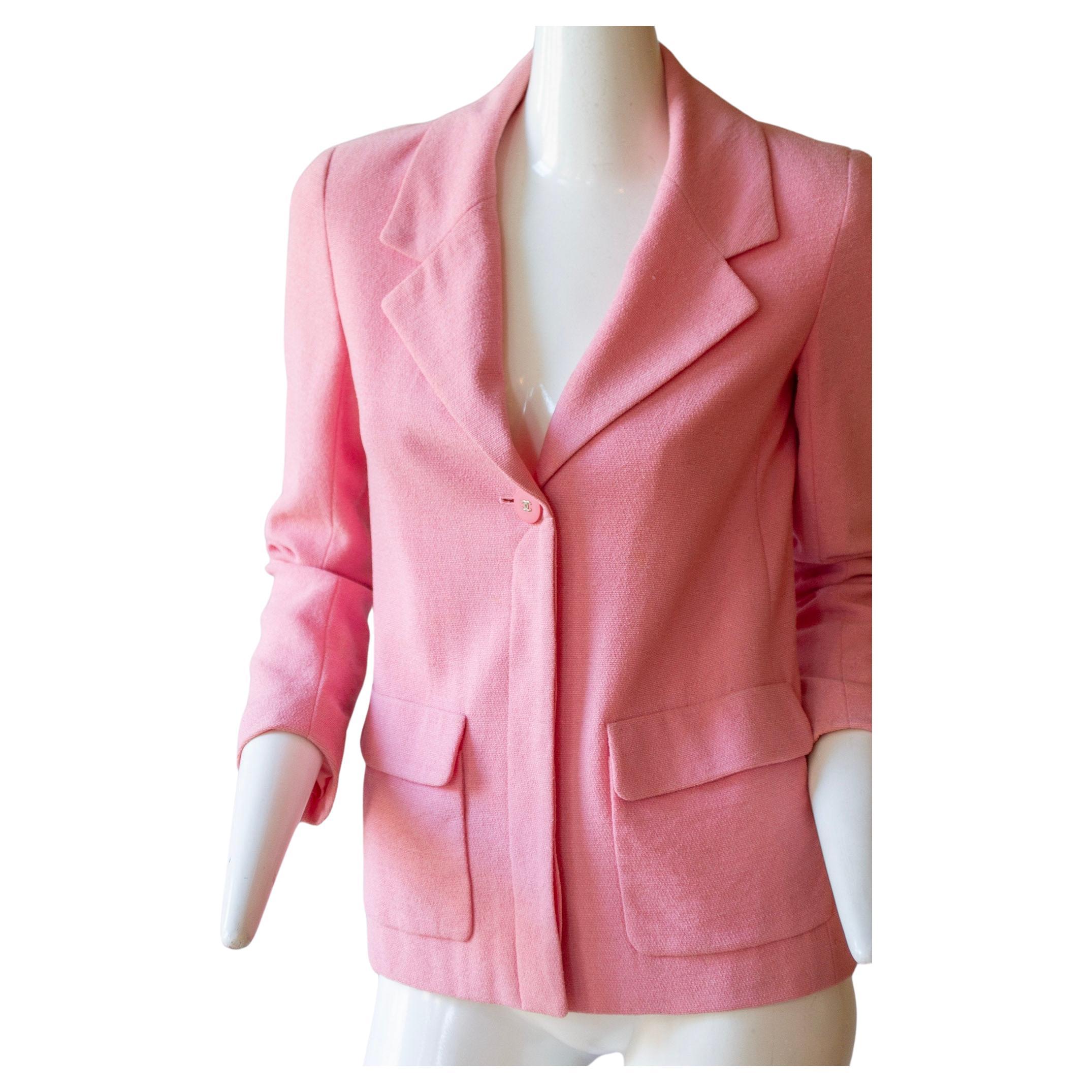 Vintage Pink Chanel blazer with CC buttons

Wool blend with logo silk lining

PROVENANCE: Previously owned by Terry Moore, an American actress nominated for Academy Award for Best Supporting Actress. She is one of the last surviving stars from the