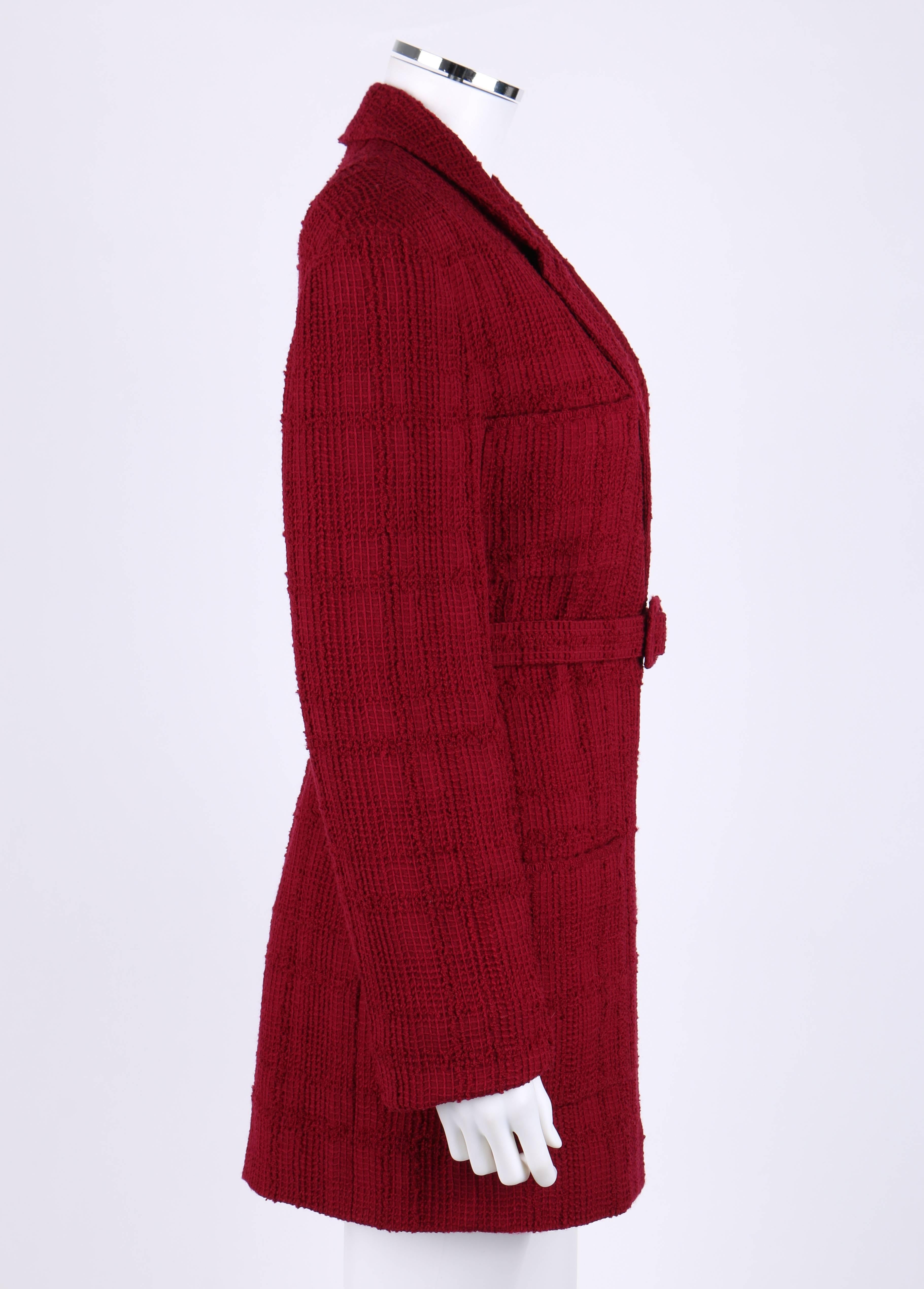 Women's CHANEL Boutique A/W 1998 Garnet Red Plaid Boucle Wool Two Button Jacket w/ Belt