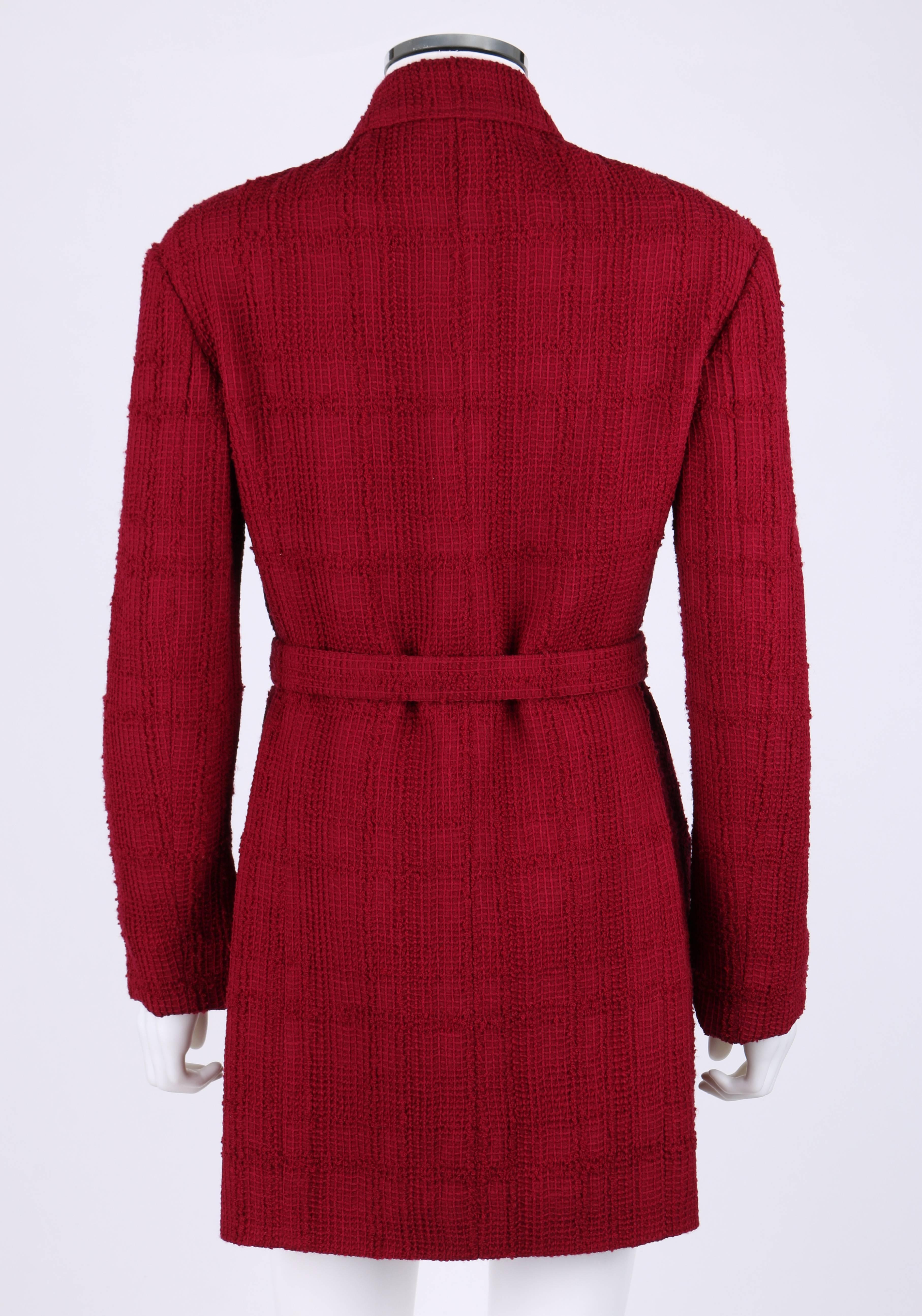 CHANEL Boutique A/W 1998 Garnet Red Plaid Boucle Wool Two Button Jacket w/ Belt 1