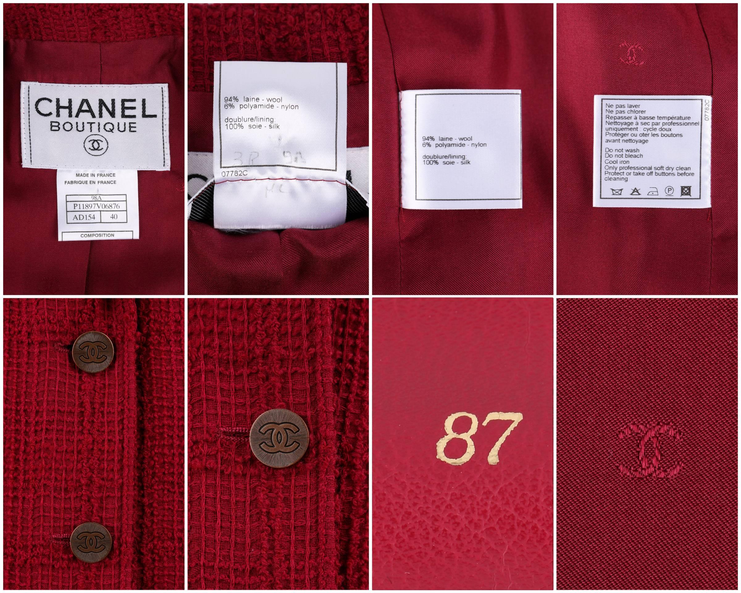 CHANEL Boutique A/W 1998 Garnet Red Plaid Boucle Wool Two Button Jacket w/ Belt 4