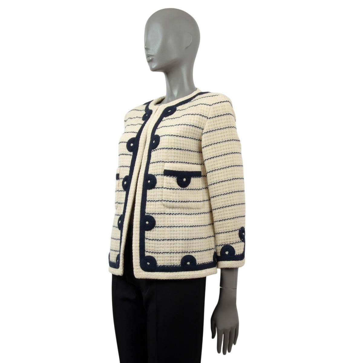 CHANEL BOUTIQUE beige & navy wool STRIPED TWEED Jacket S For Sale 1