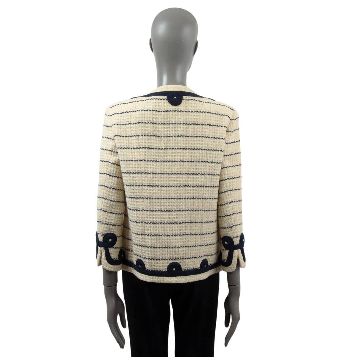 CHANEL BOUTIQUE beige & navy wool STRIPED TWEED Jacket S For Sale 2
