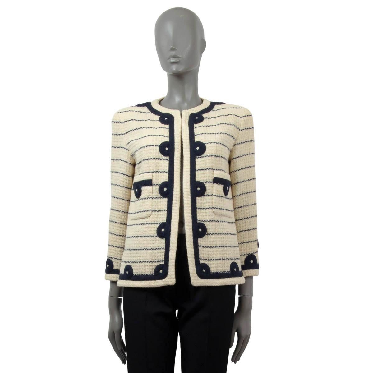 CHANEL BOUTIQUE beige & navy wool STRIPED TWEED Jacket S For Sale