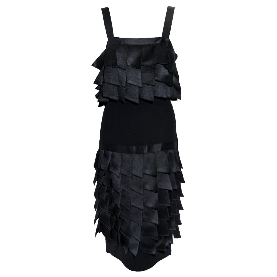 Chanel Boutique Black Frayed Satin Ribbon Tabs Layered Bodice & Skirt of Dress  For Sale