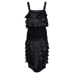Chanel Boutique Black Frayed Satin Ribbon Tabs Layered Bodice & Skirt of Dress 