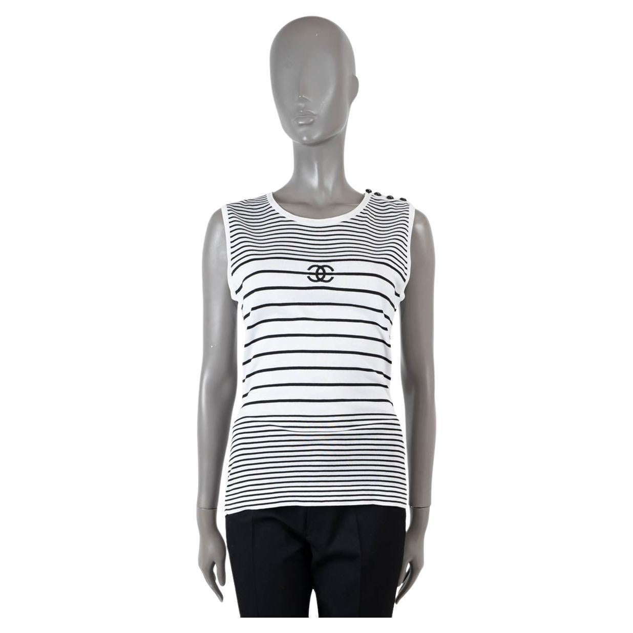 CHANEL BOUTIQUE black 
white cotton STRIPED KNIT Tank Top Shirt M